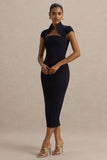 Elsie Navy Cut Out Neck Midi Dress With Short Sleeves