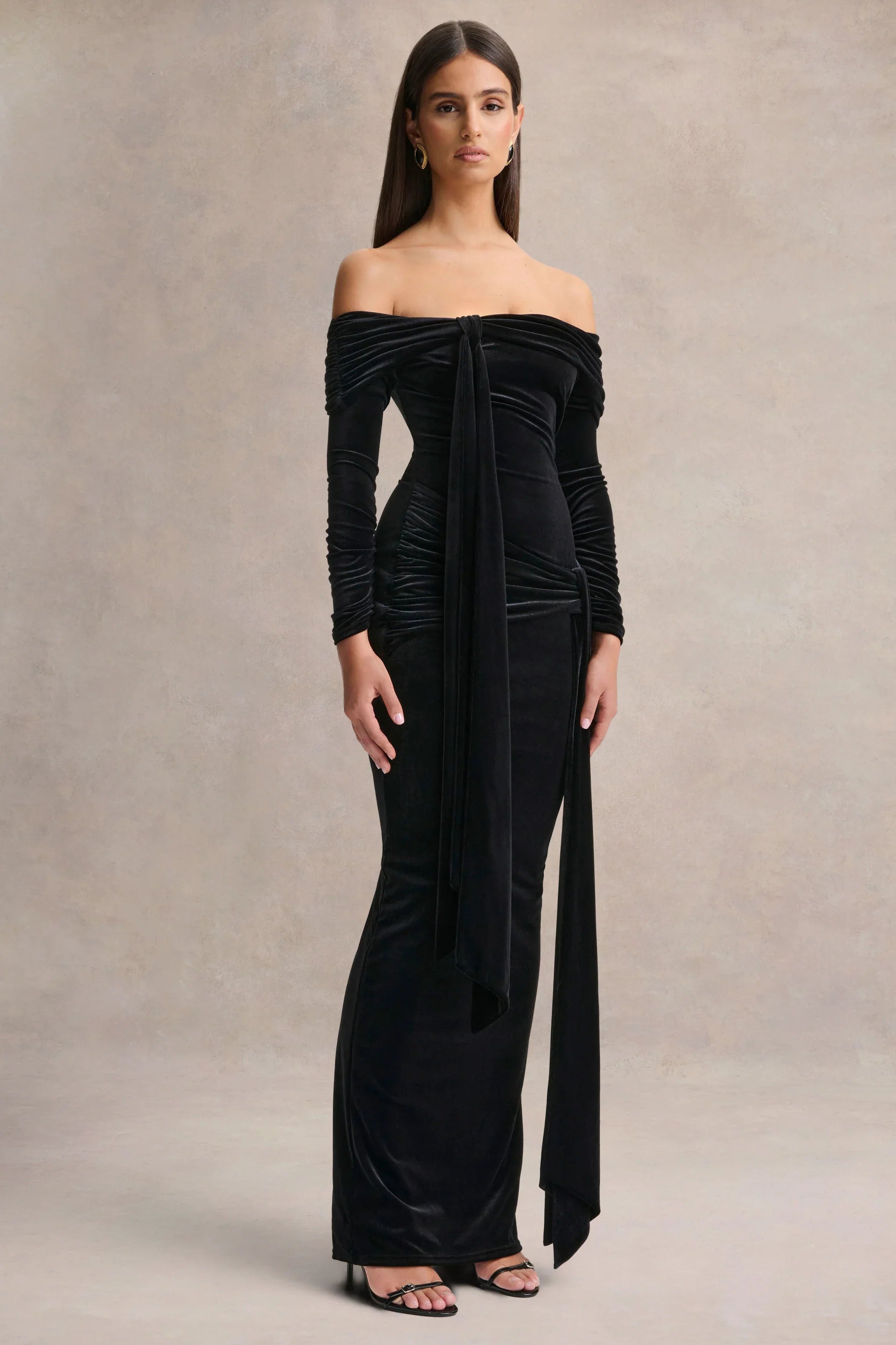 Jessara Black Bardot Neck Maxi Dress With Knot Details