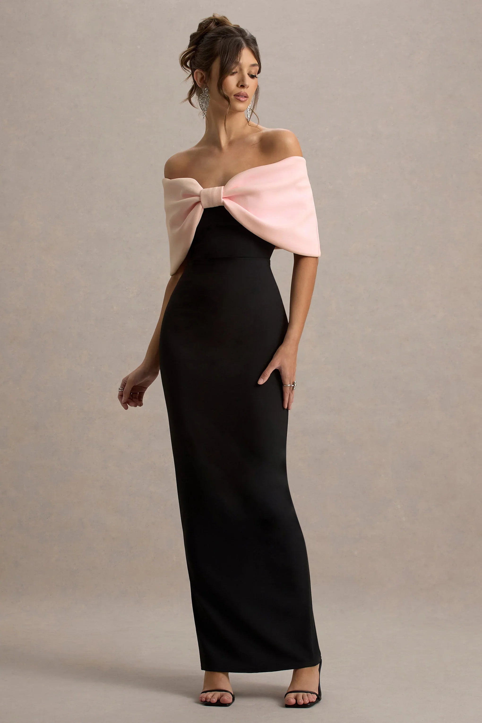 Cornelia Pink Black Strapless Maxi Dress With Oversized Bow