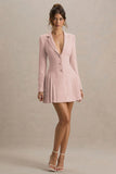 Blossoming Baby Pink Plunge Neck Tailored Mini Dress With Pleating