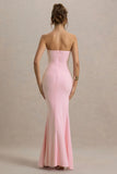 My Muse Pink Ruched Bandeau Split Maxi Dress With Flowers
