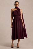 Caluna Burgundy Satin Asymmetric Neck Midi Dress With Scarf Detail