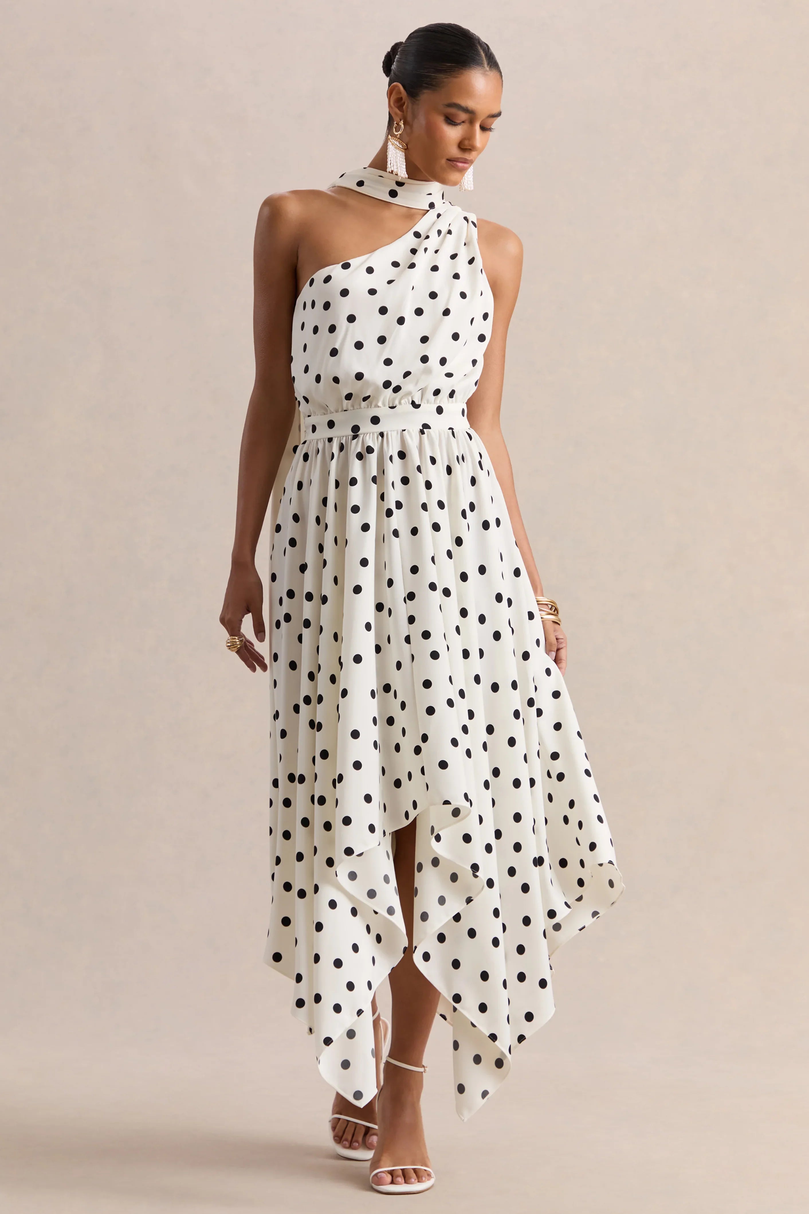Caluna White And Black Polka Dot Satin Asymmetric Neck Midi Dress With Scarf Detail