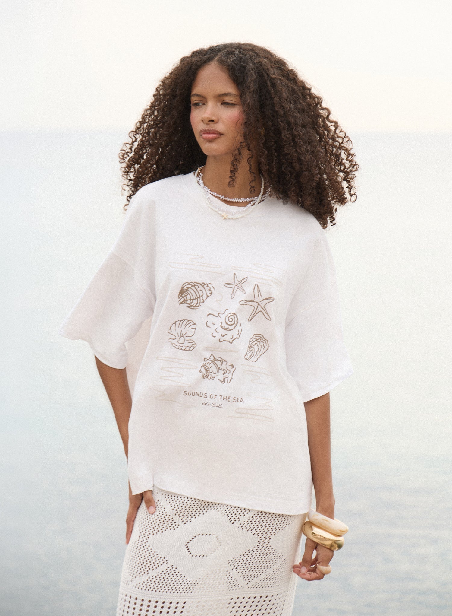 Cream Beach Graphic Printed Cotton T Shirt