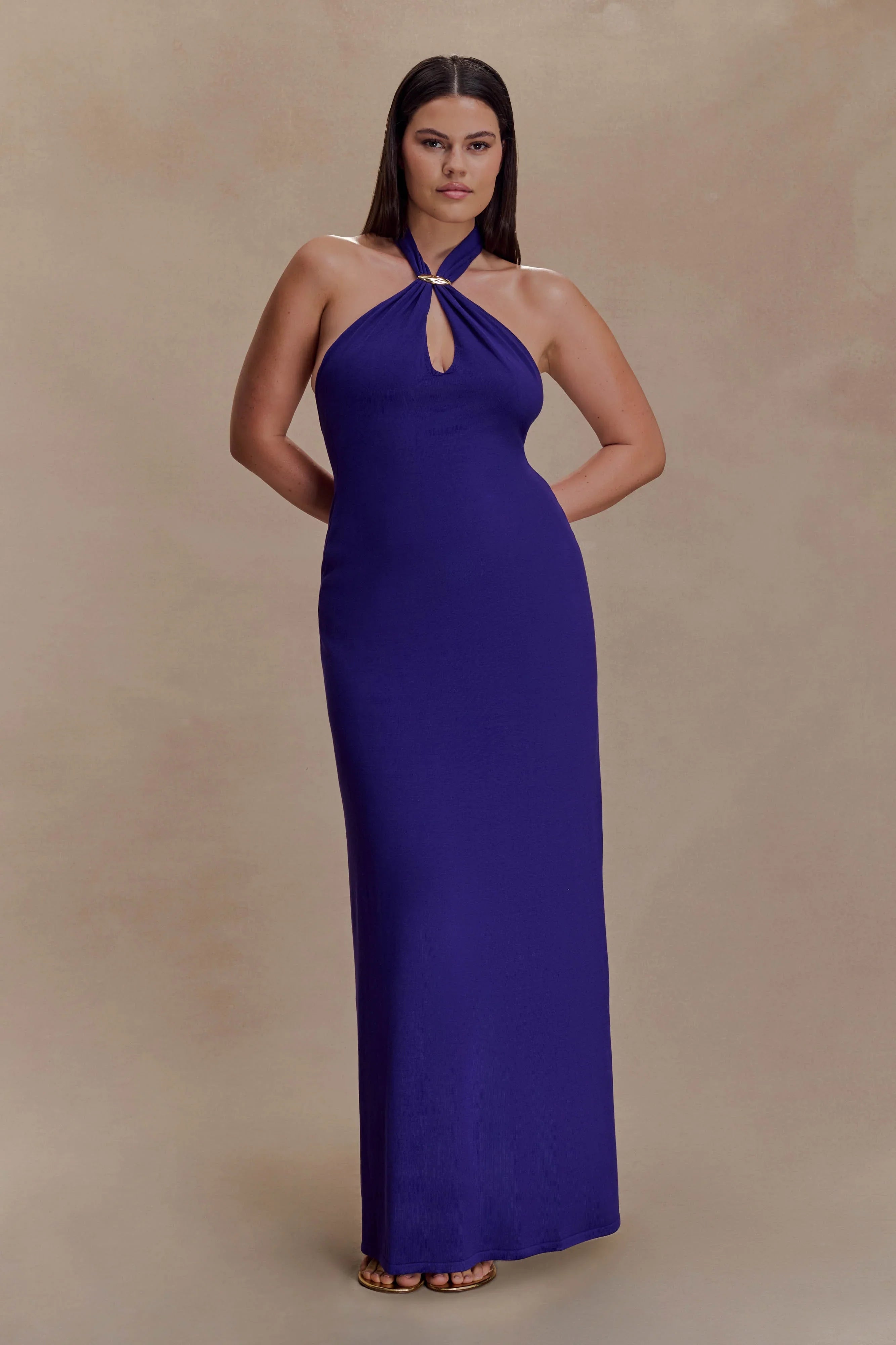 Ozias Halter Semi Sheer Knit Maxi Dress Deep Purple