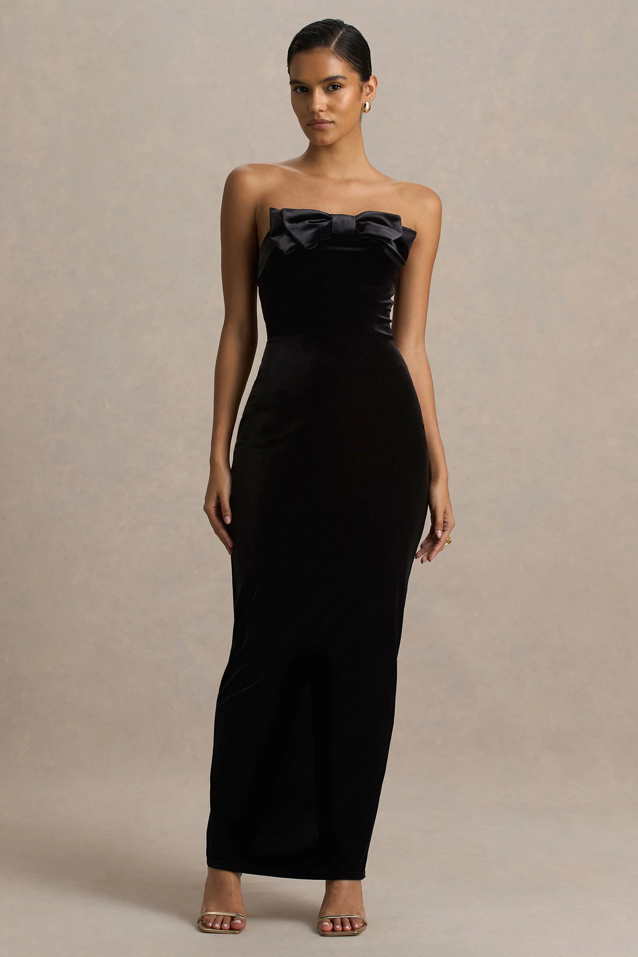 Illusion Black Velvet Bandeau Maxi Dress With Bow Detail