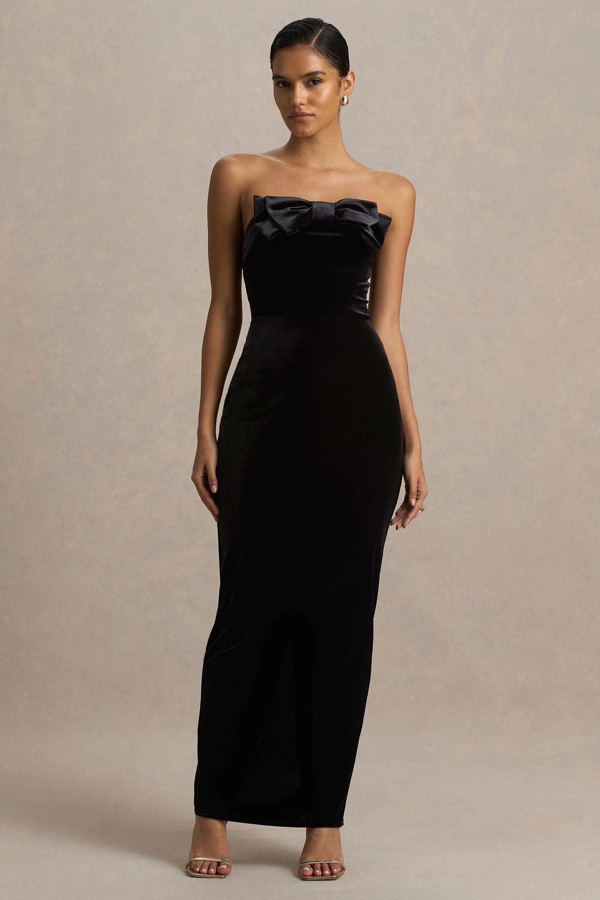 Illusion Black Velvet Bandeau Maxi Dress With Bow Detail