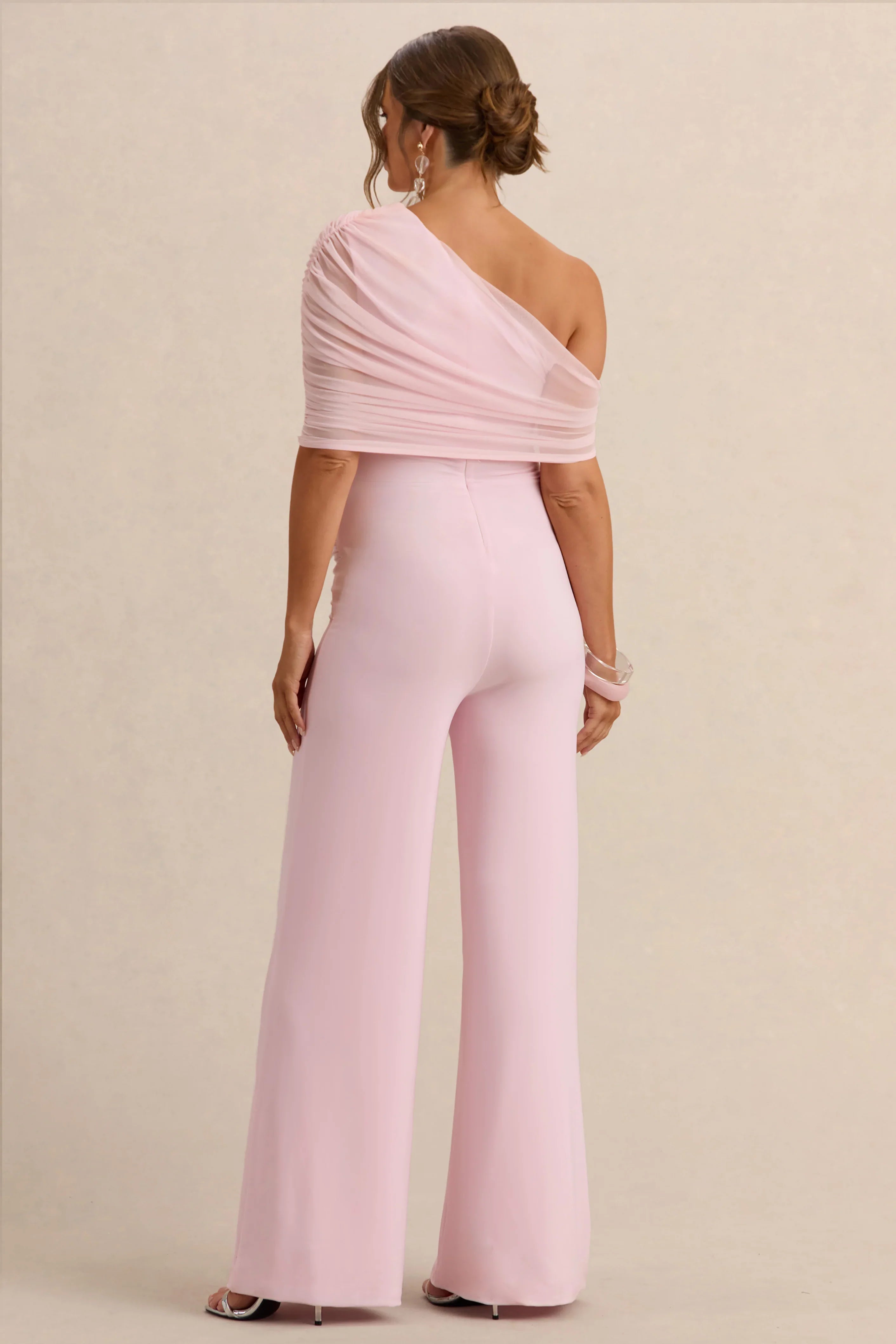 Mariska Light Pink Asymmetric Neck Maternity Jumpsuit With Sash Detail