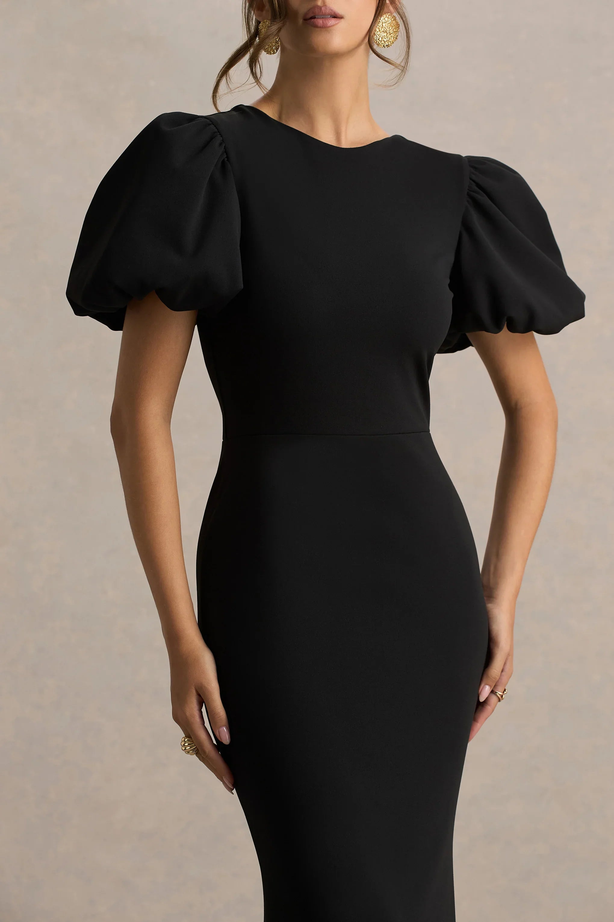 Carolina Black Puff Sleeve Maxi Dress With White Bow Detail