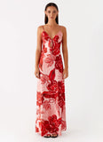 Flora Satin Maxi Dress Sicily Sunsets Print