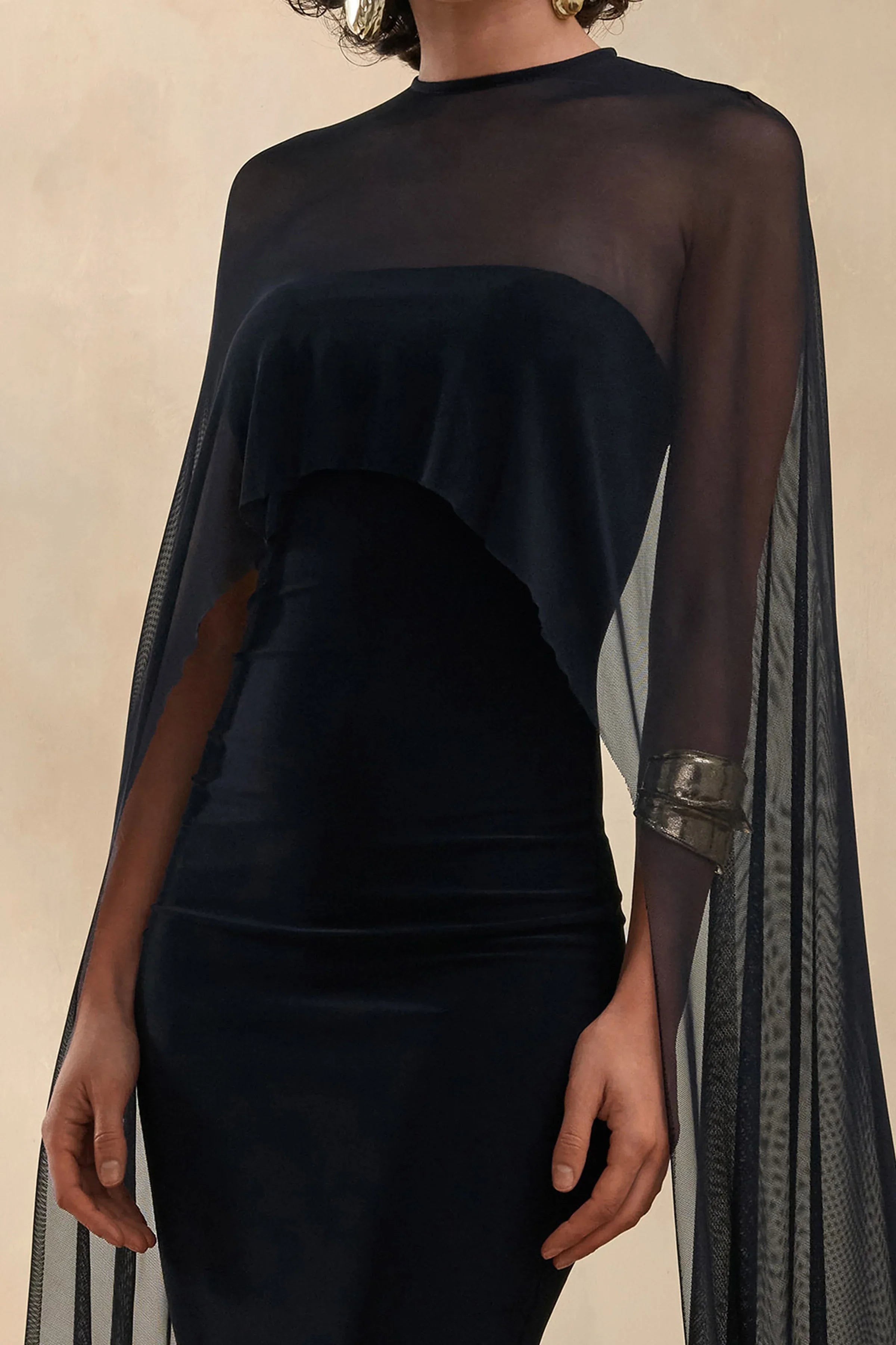 Filippa Black Crew Neck Midi Dress With Sheer Cape Sleeves