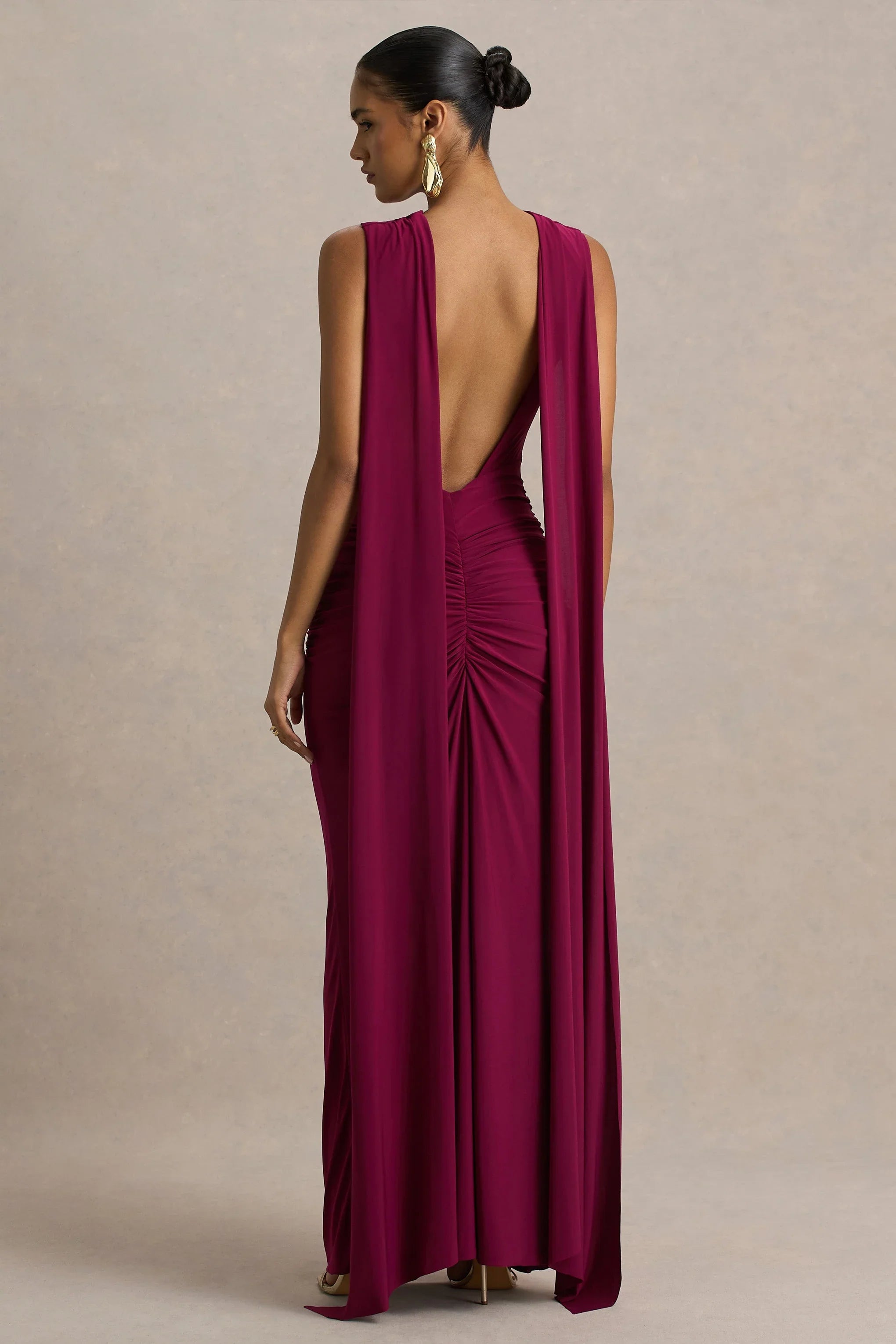 Premiere Burgundy Boat Neck Maxi Dress With Open Back And Cape Sleeves