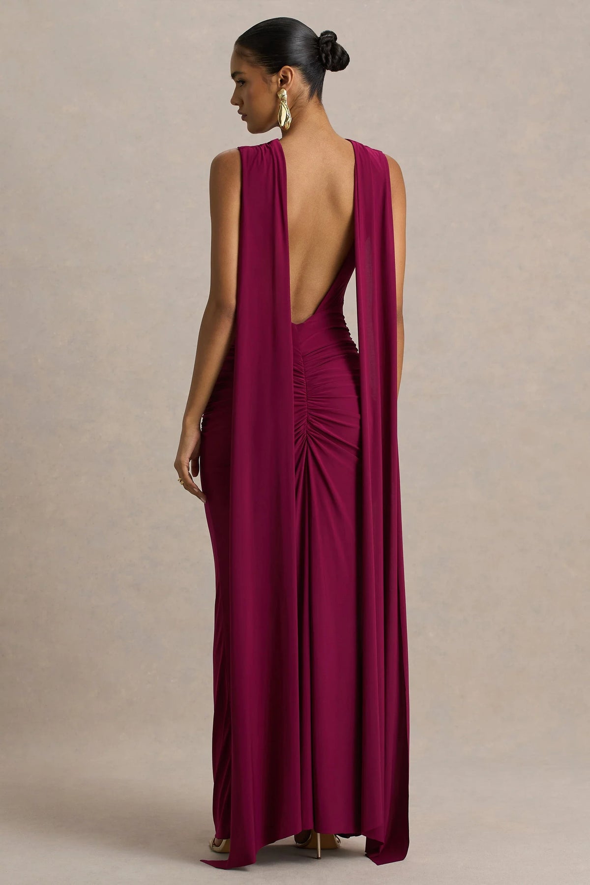 Premiere Burgundy Boat Neck Maxi Dress With Open Back And Cape Sleeves