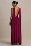 Premiere Burgundy Boat Neck Maxi Dress With Open Back And Cape Sleeves