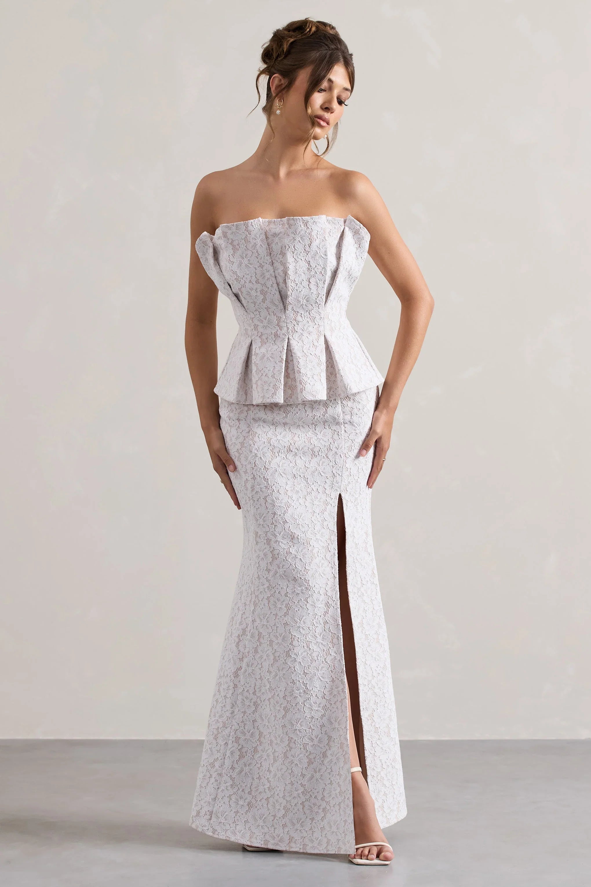 Kaleido White Lace Strapless Ruffled Split Maxi Dress