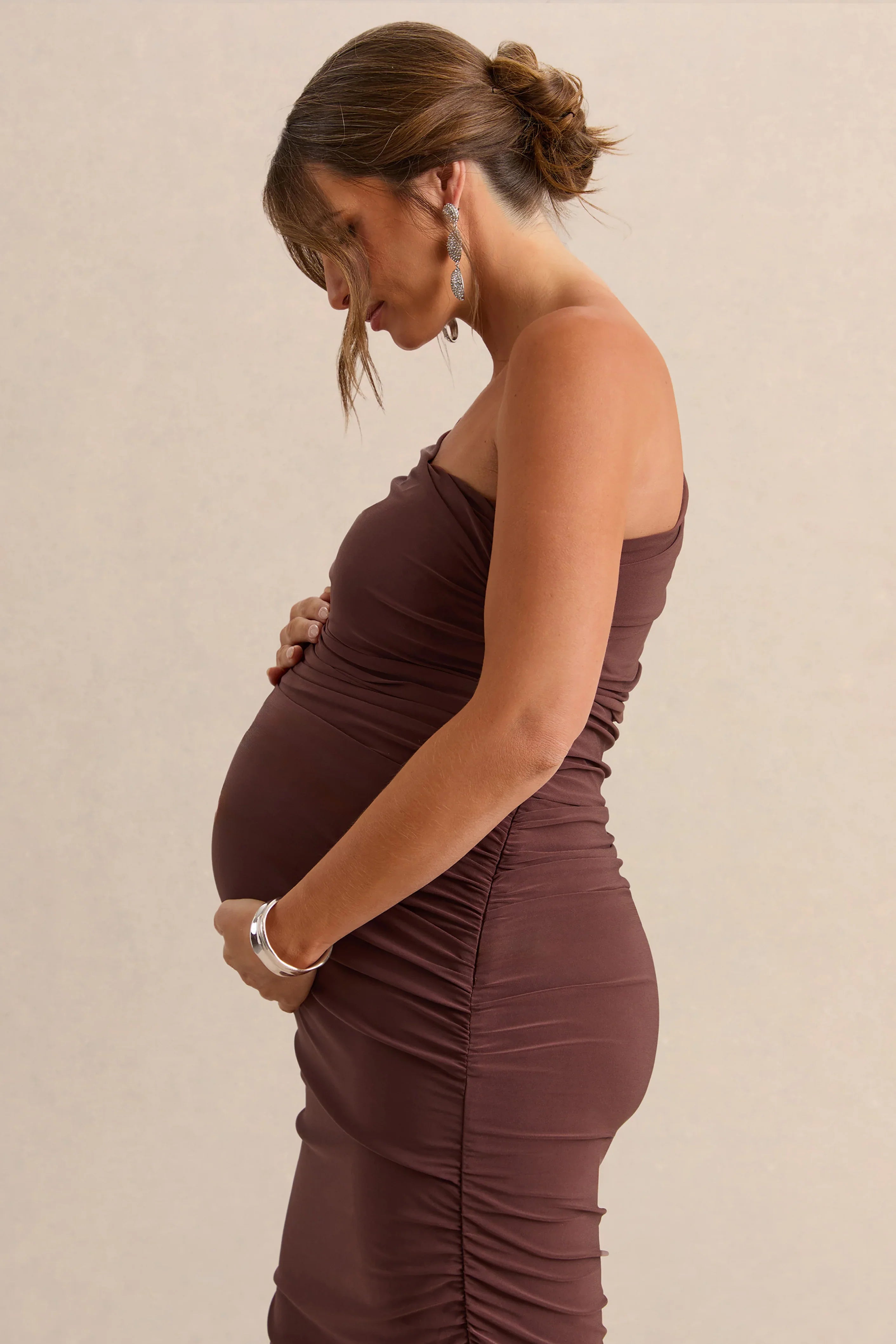 Late Night Brown Maternity Ruched One Shoulder Midi Dress