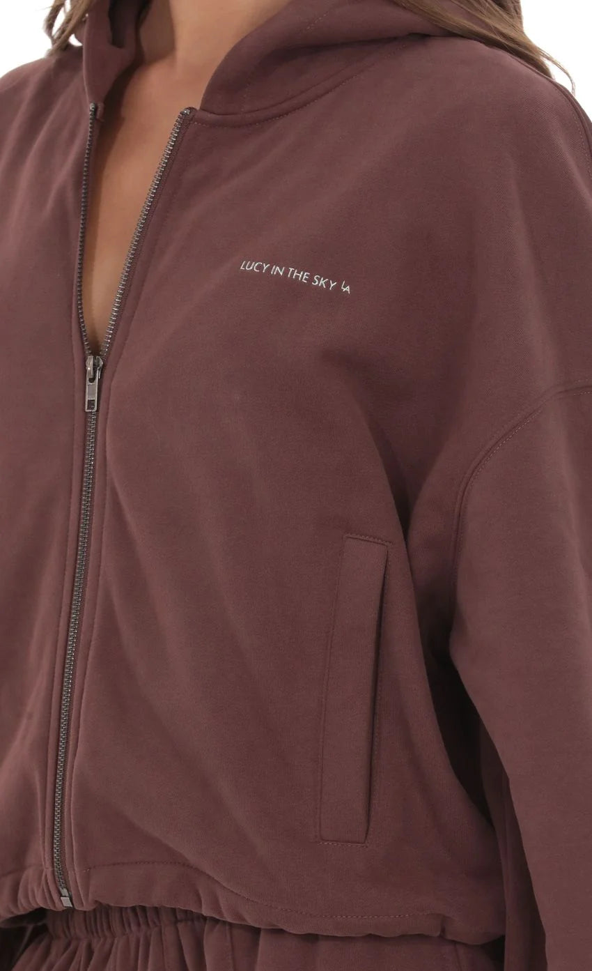 Cropped Fleece Zip Up Hoodie in Brown