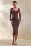 Off Track Brown Bodycon Midi Dress With Sheer Sleeves