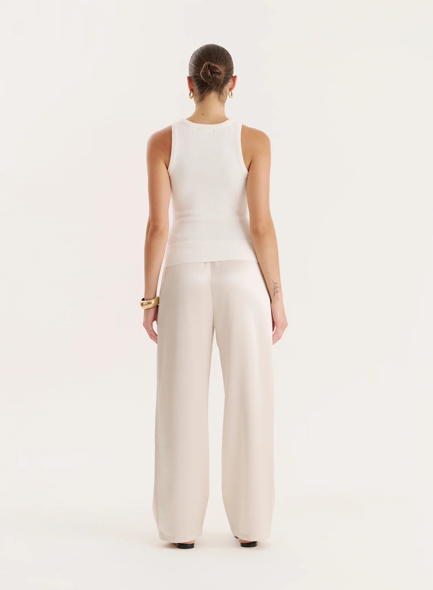 Cream Satin Elasticated Waist Wide Leg Trouser