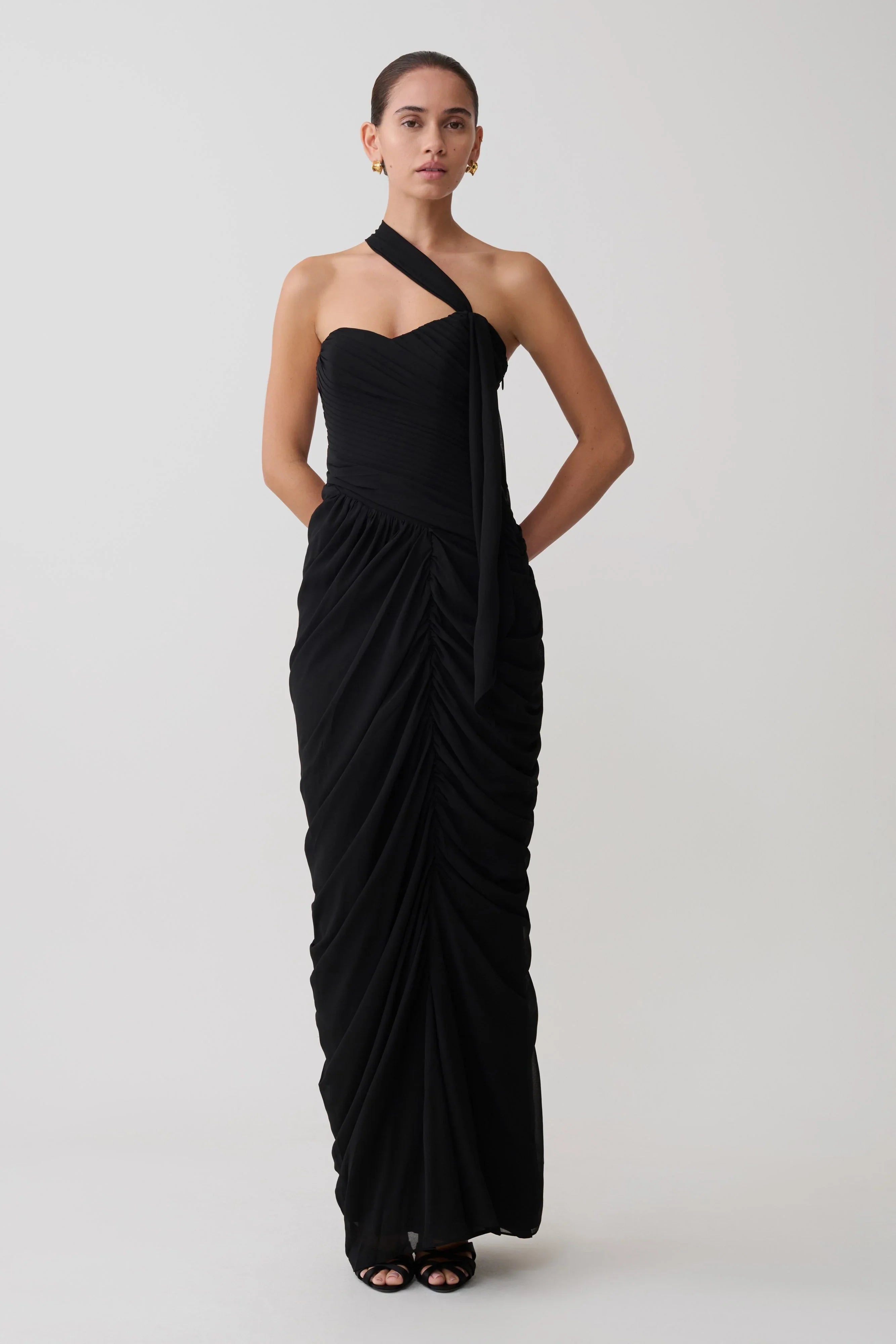 Micaela Chiffon Gathered Maxi Dress Black