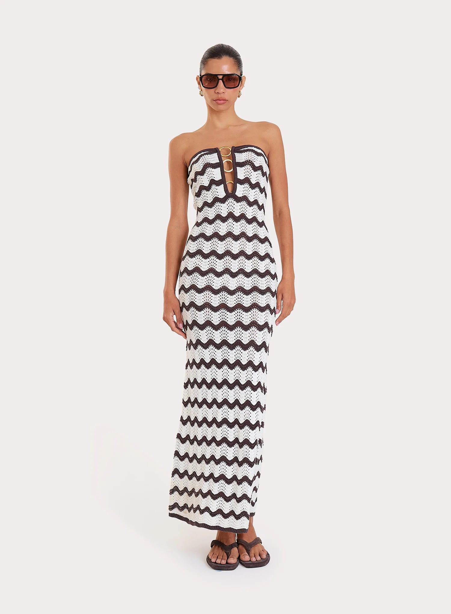 Chocolate And Cream Chevron Print Knitted Bandeau Maxi Dress