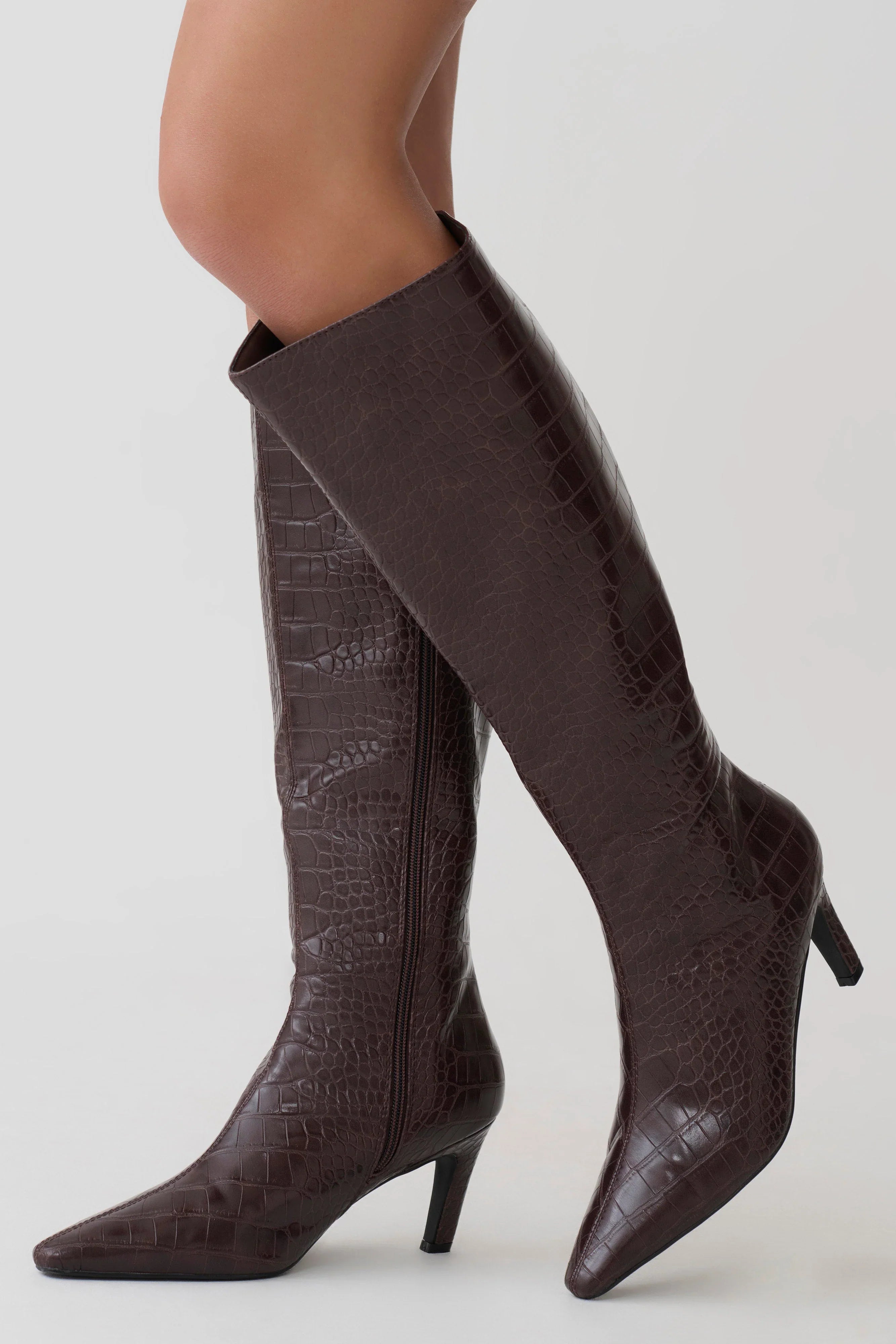 Sarah Faux Leather Crocodile Boot Chocolate