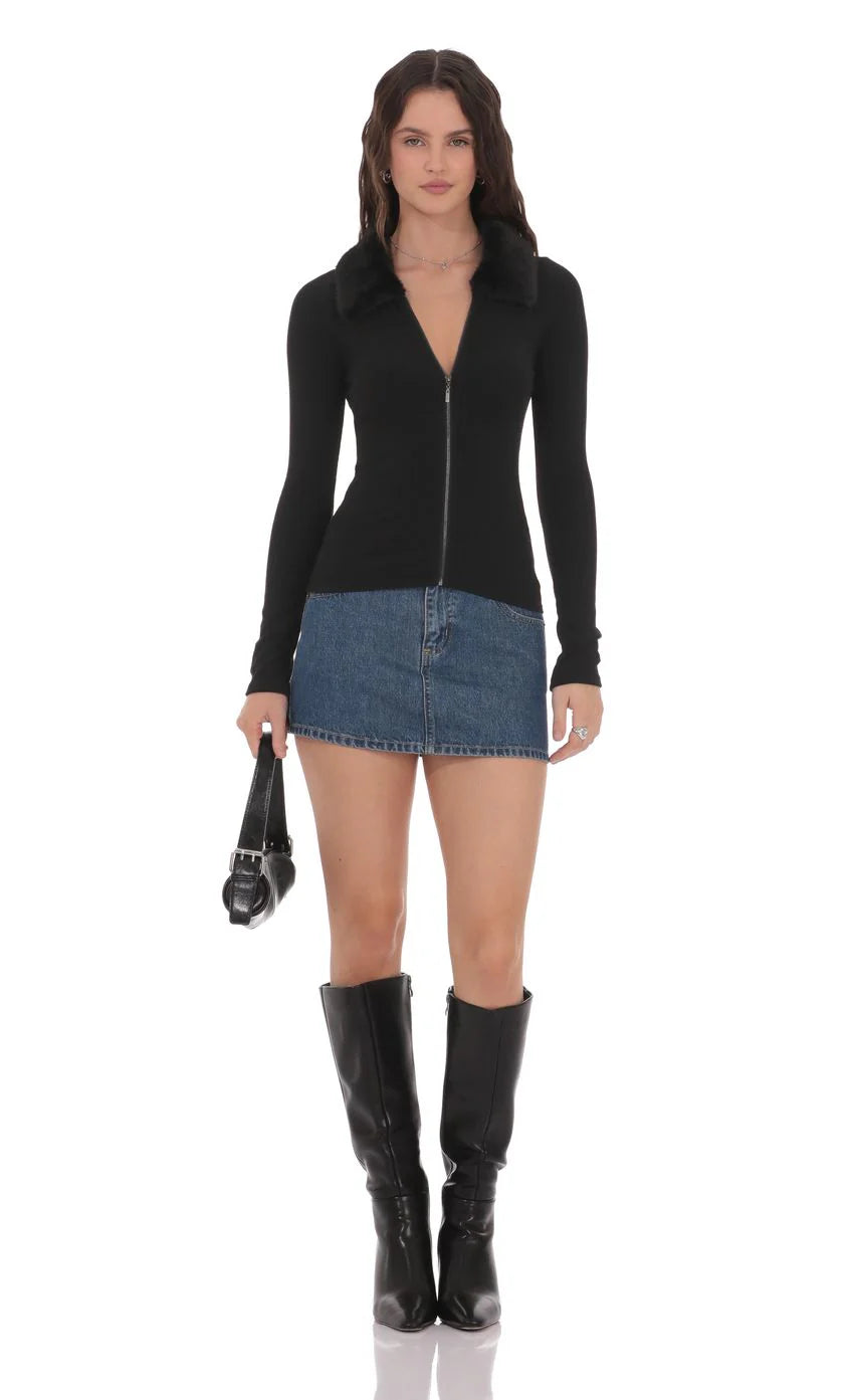 Fur Collar Zip Up Cardigan in Black