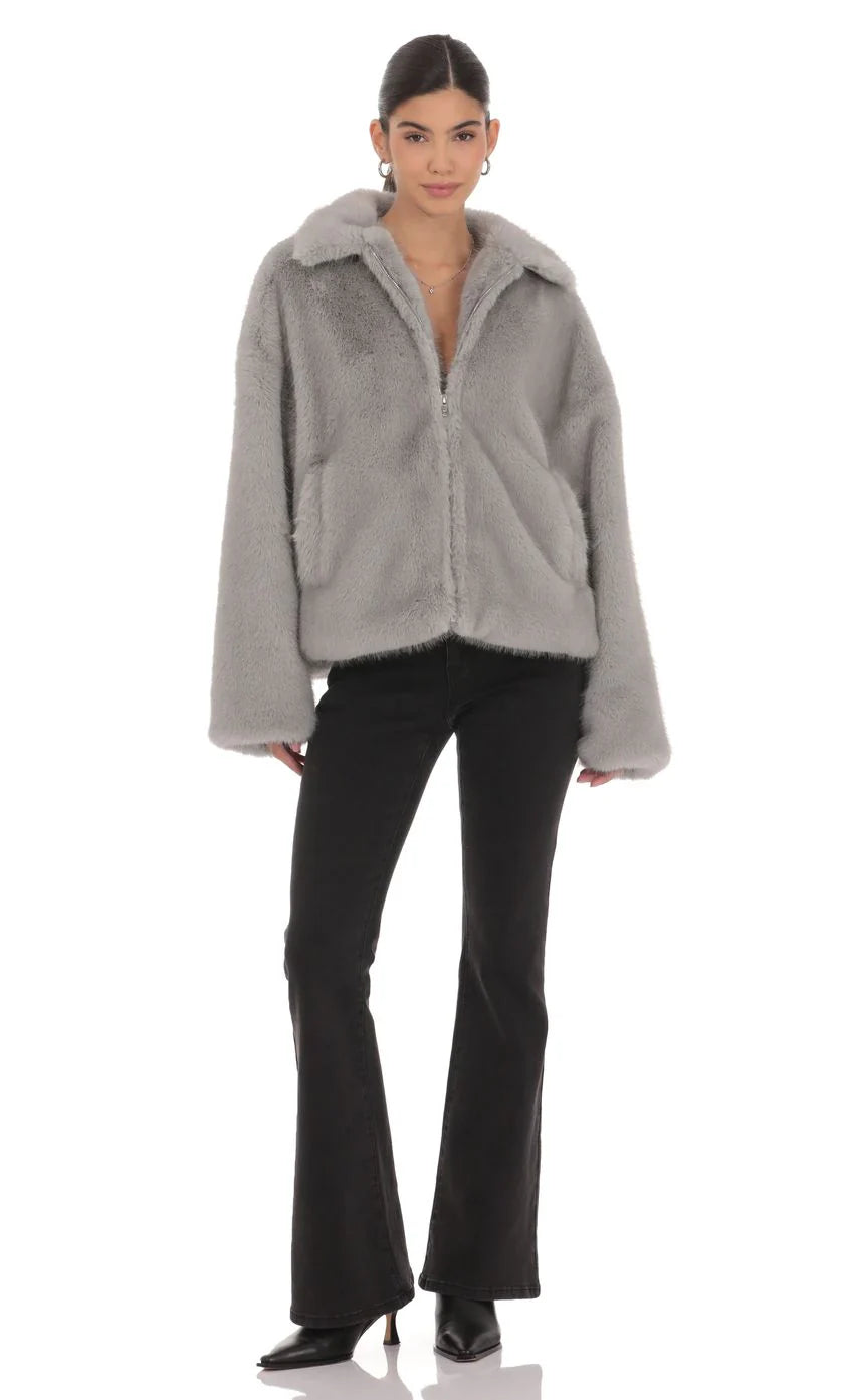 Zip Up Faux Fur Jacket in Grey