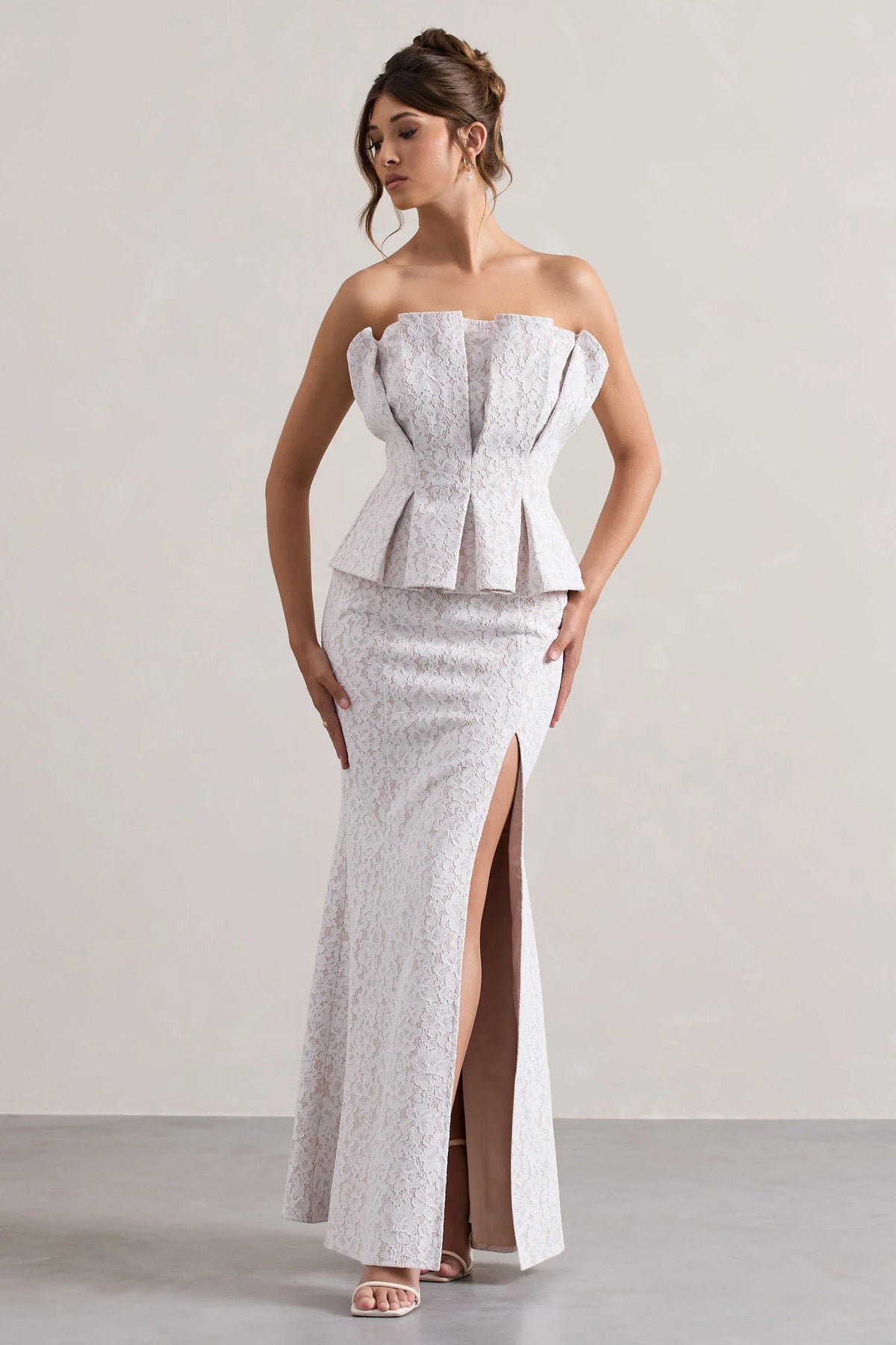 Kaleido White Lace Strapless Ruffled Split Maxi Dress