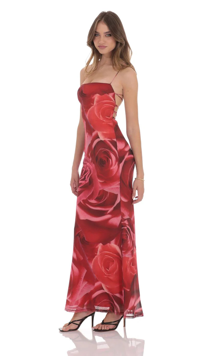 Floral Bodycon Open Back Maxi Dress in Red