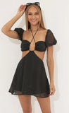 Chiffon Dot Puff Sleeve Dress in Black