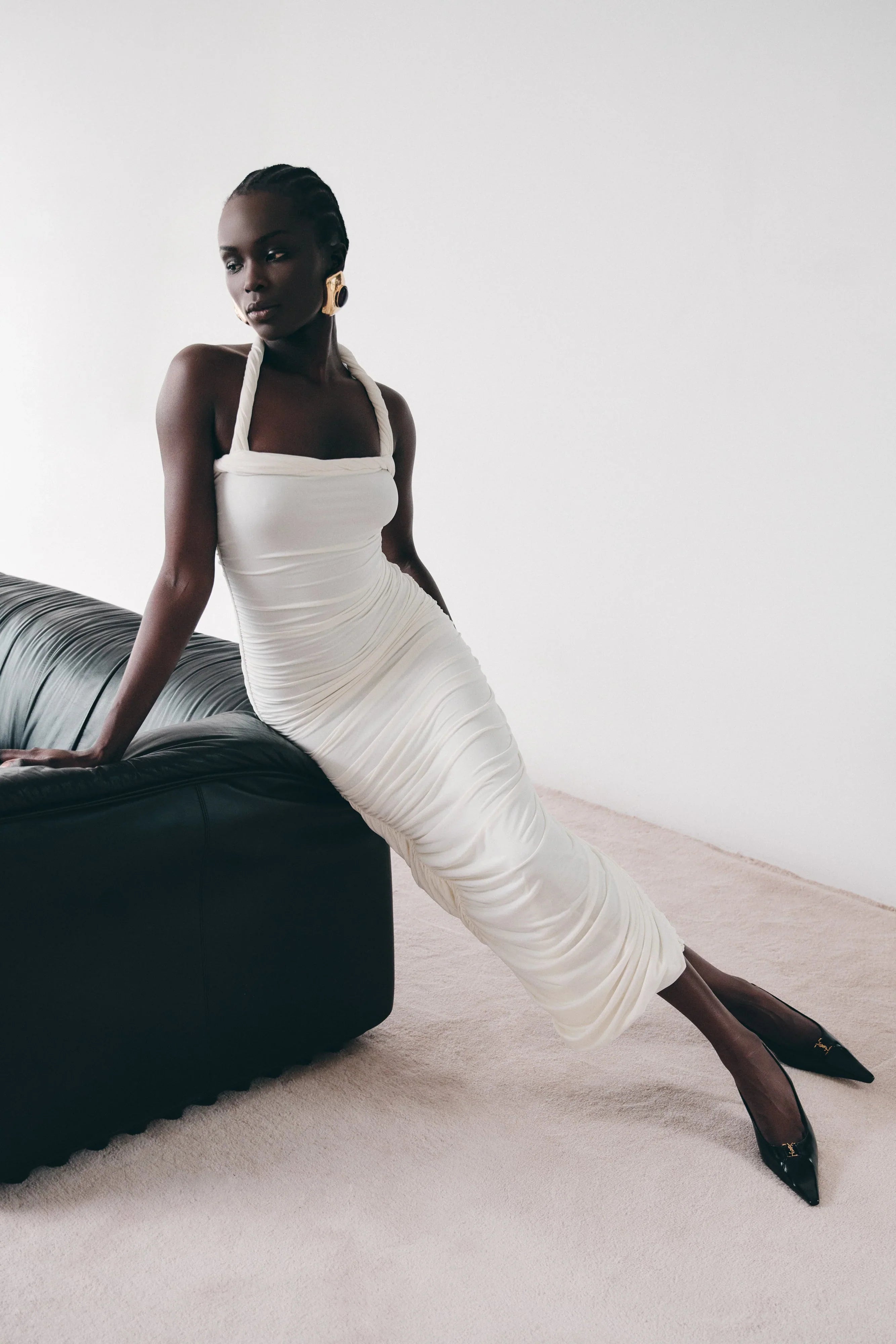 Camila Ruched Halter Midi Dress Ivory