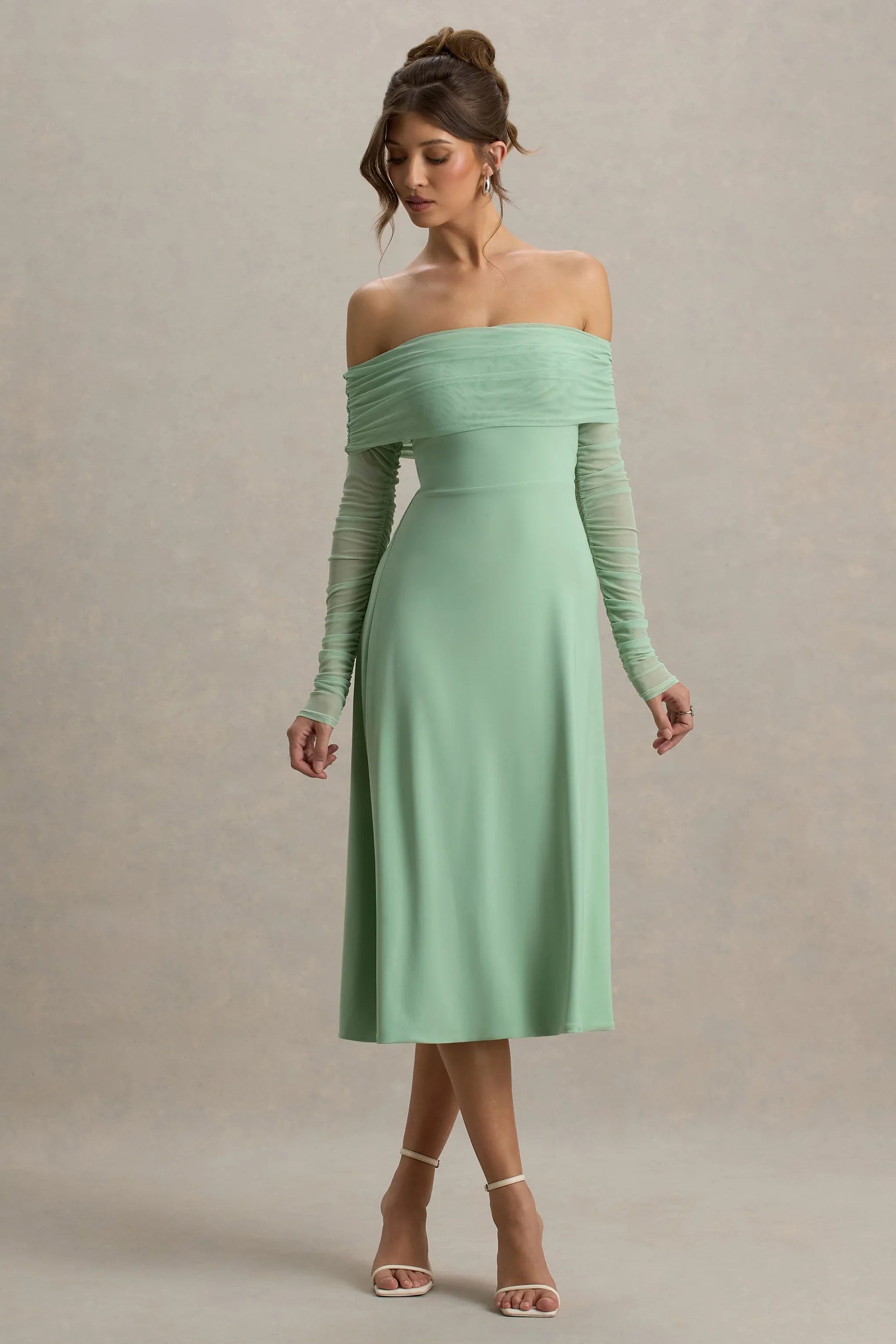Flatter Me Light Green Bardot Midi Dress With Mesh Sleeves