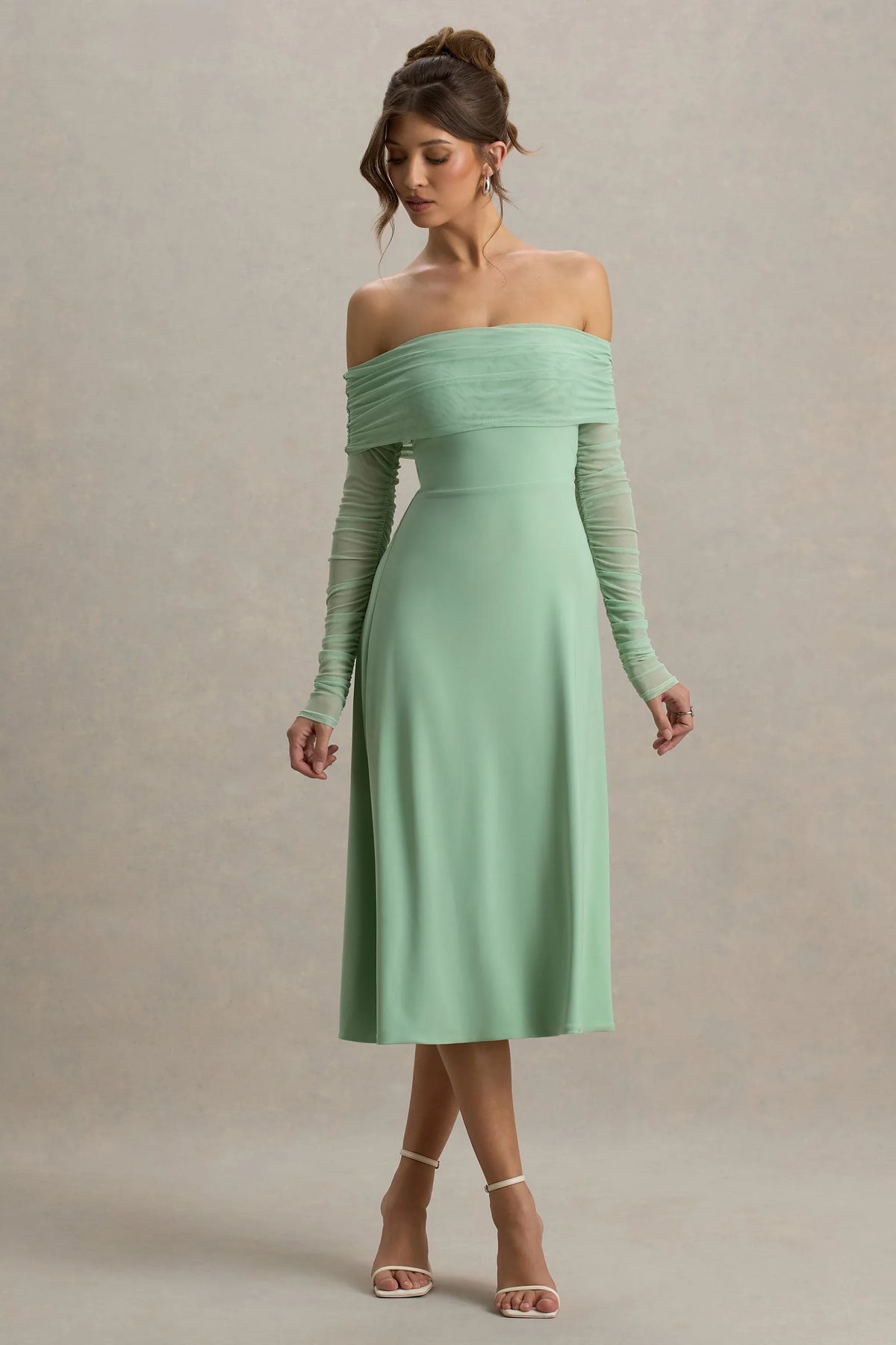 Flatter Me Light Green Bardot Midi Dress With Mesh Sleeves