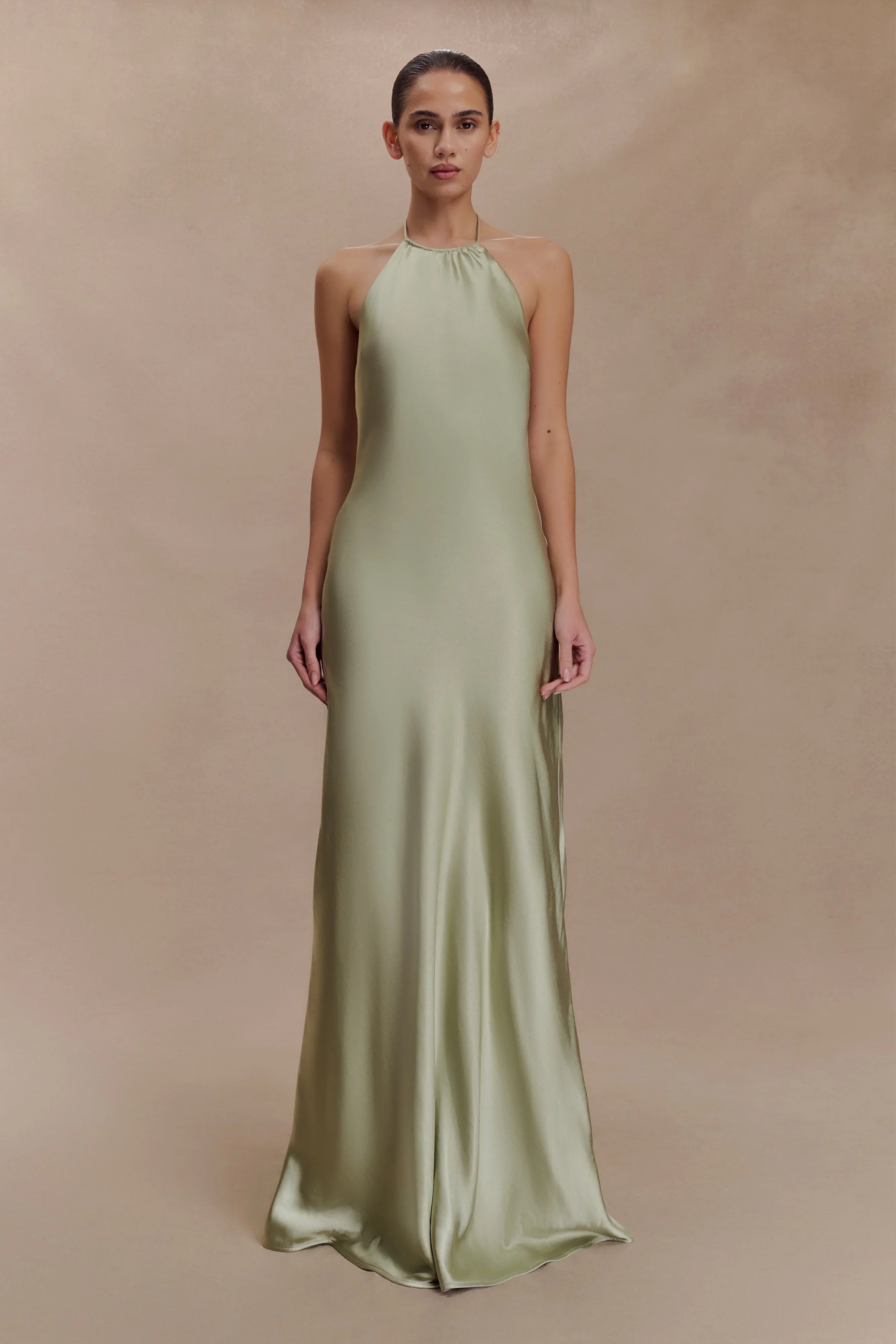 Bella Satin Halter Maxi Dress Sage