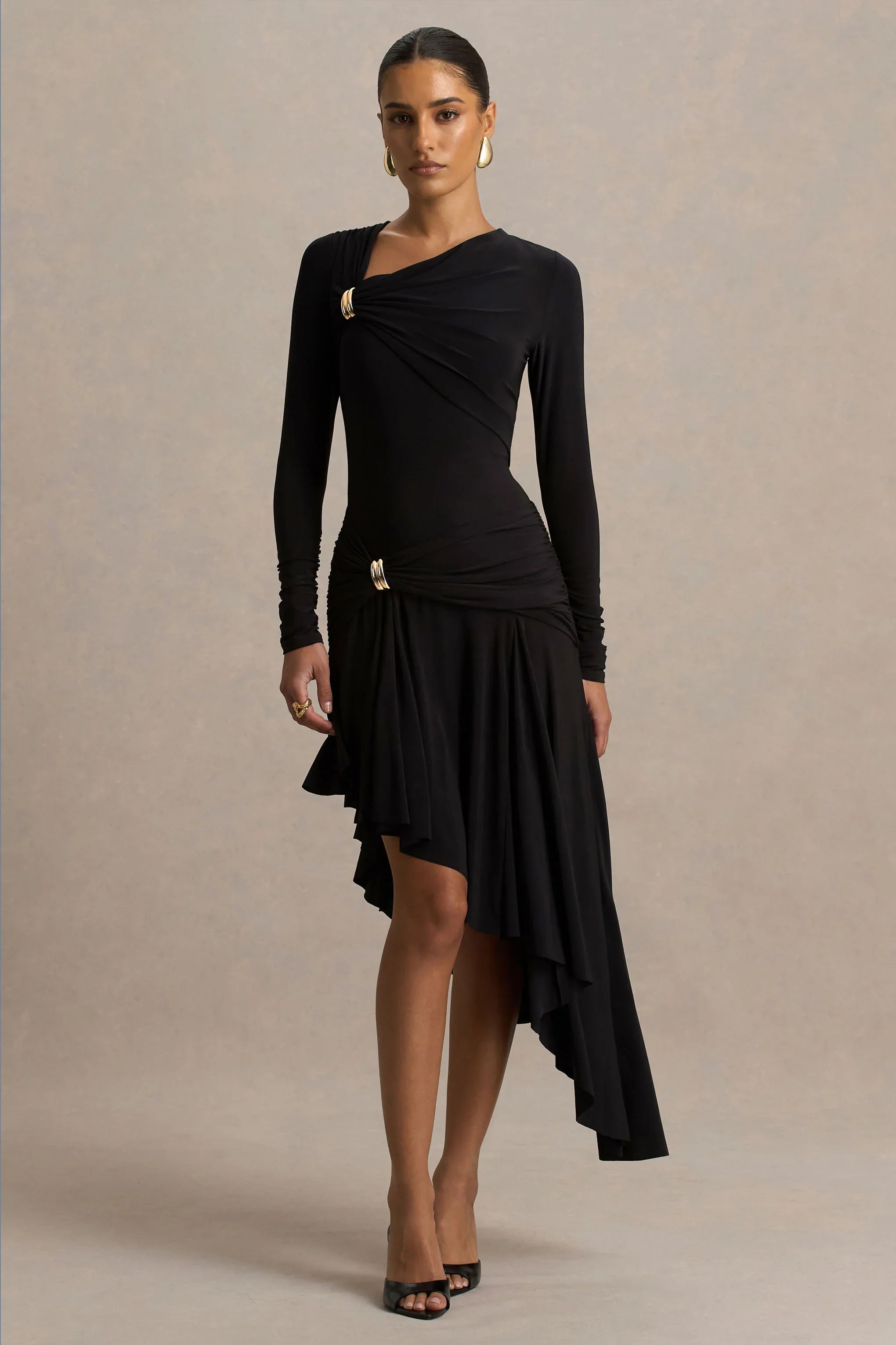 Alexia Black Asymmetric Neck Maxi Dress With Gold Details