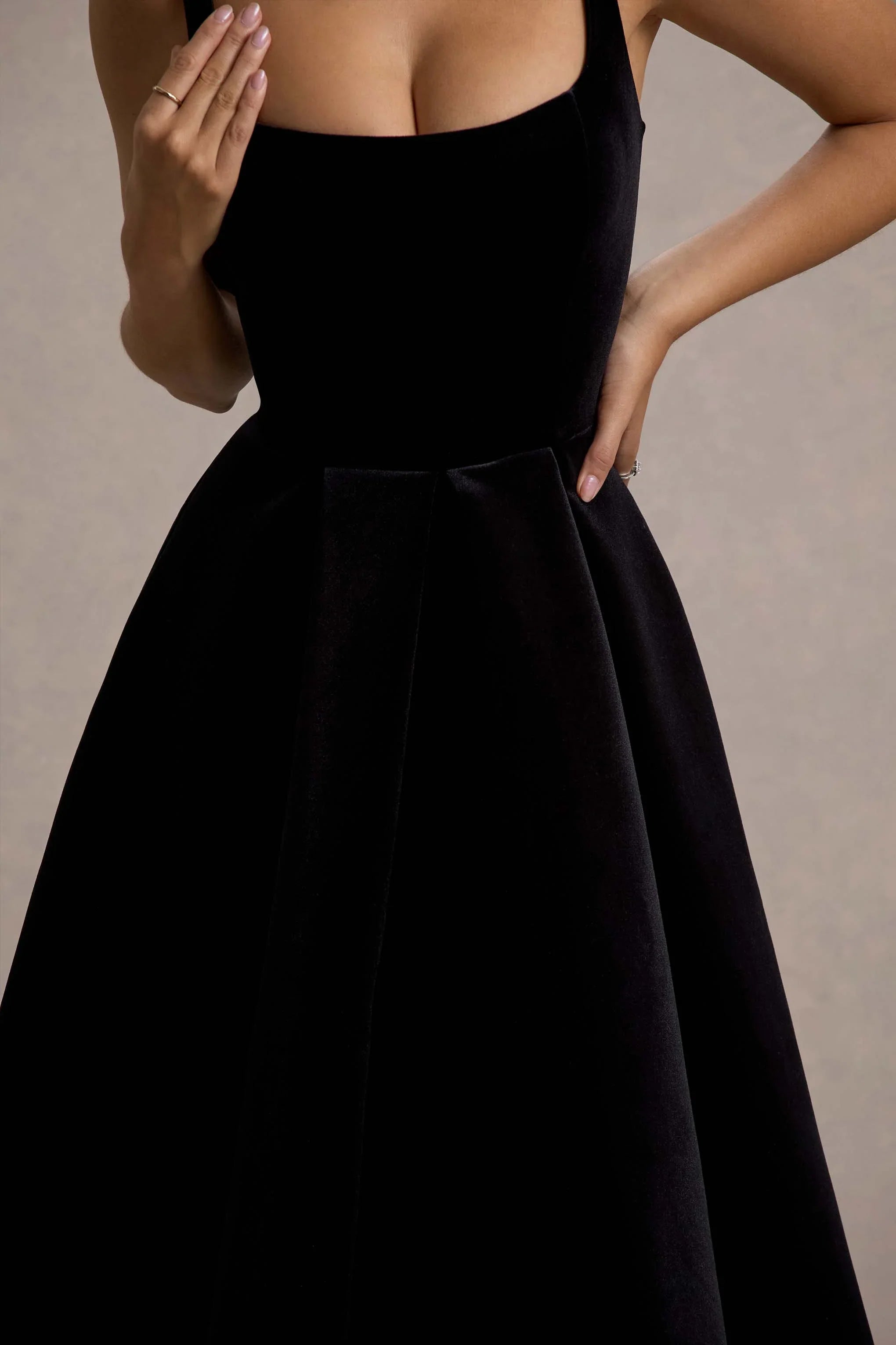 Francisca Black Velvet Strappy Volume Hem Midi Dress
