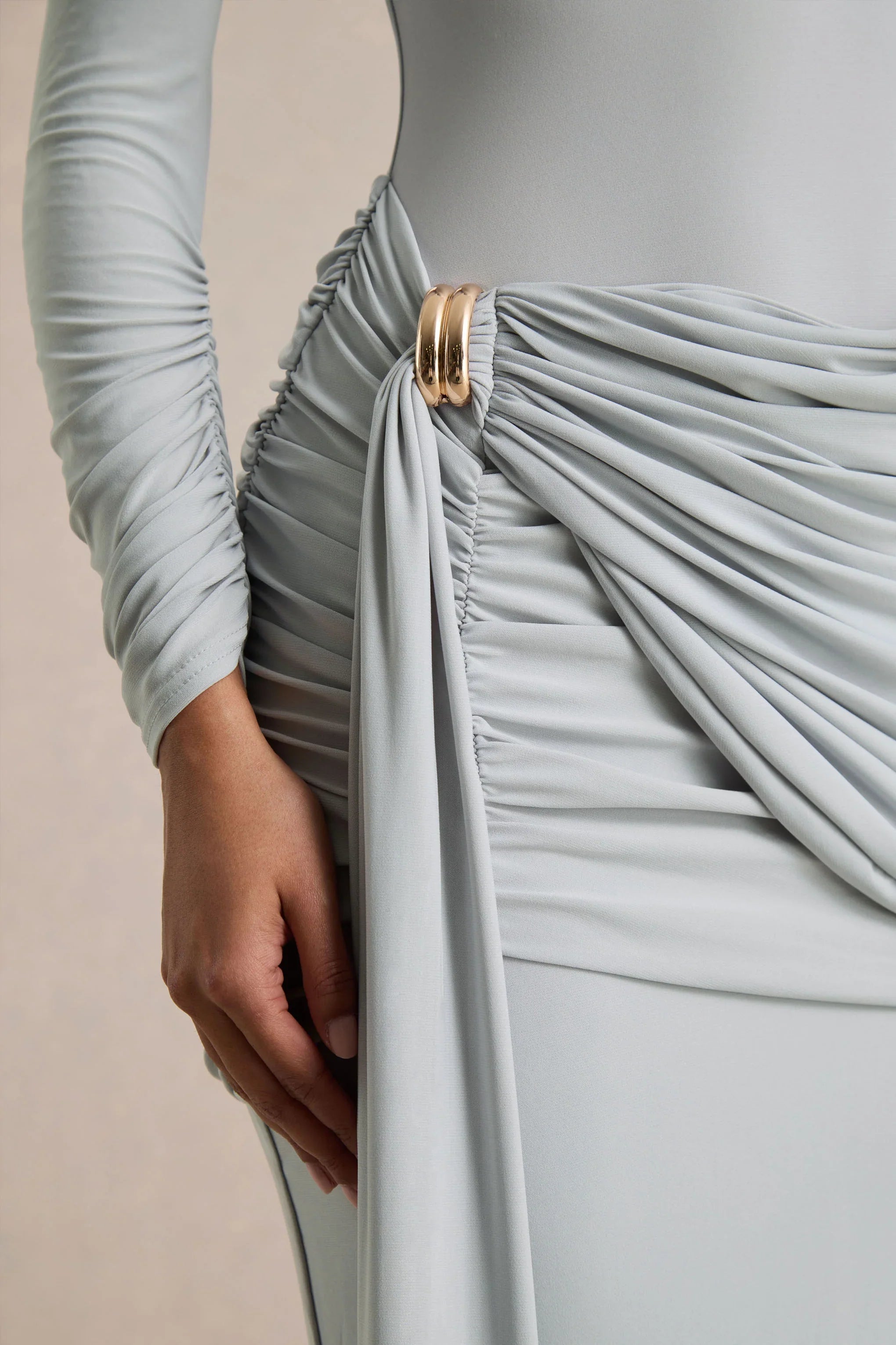 Melissa Blue Long Sleeve Wrap Maxi Dress With Draped Detailing