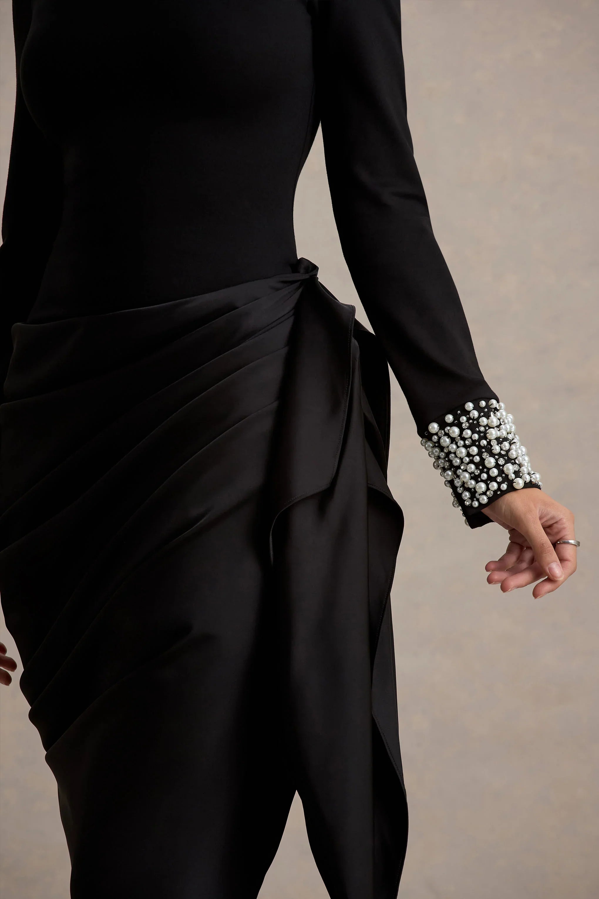 Luanna Black Satin Long Sleeve Midi Dress With Draped Skirt And Embellised Cuffs
