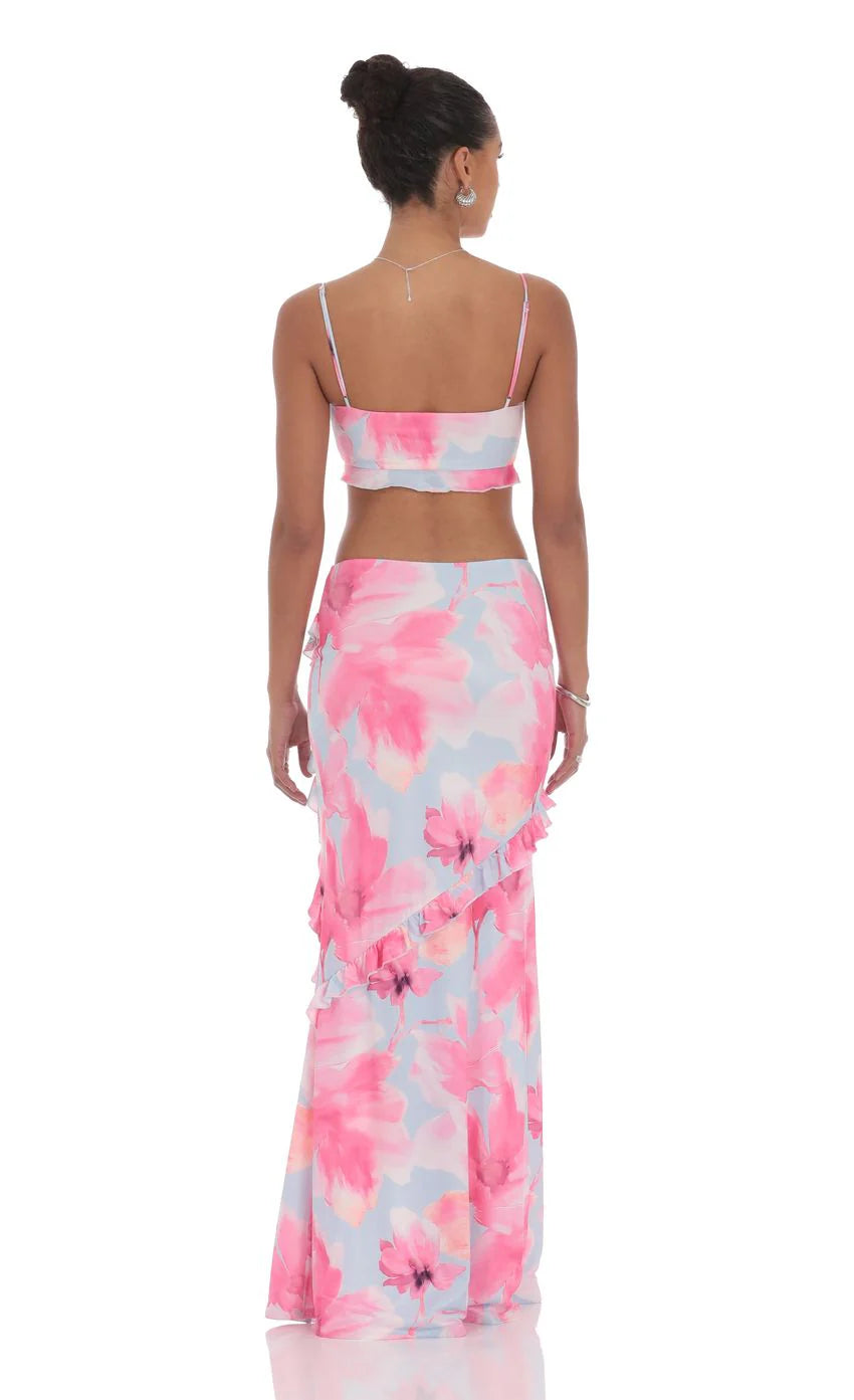 Floral Ruffle Two Piece Set in Blue