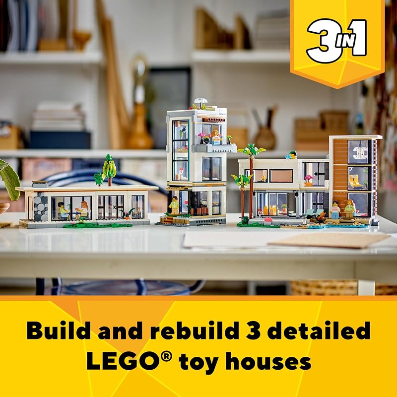 LEGO Creator 3 in 1 Modern House 31153 Back to School Gift for Students Building Toy Girls Boys Ages 9 3 Building Options 939 pieces 2 Minifigures