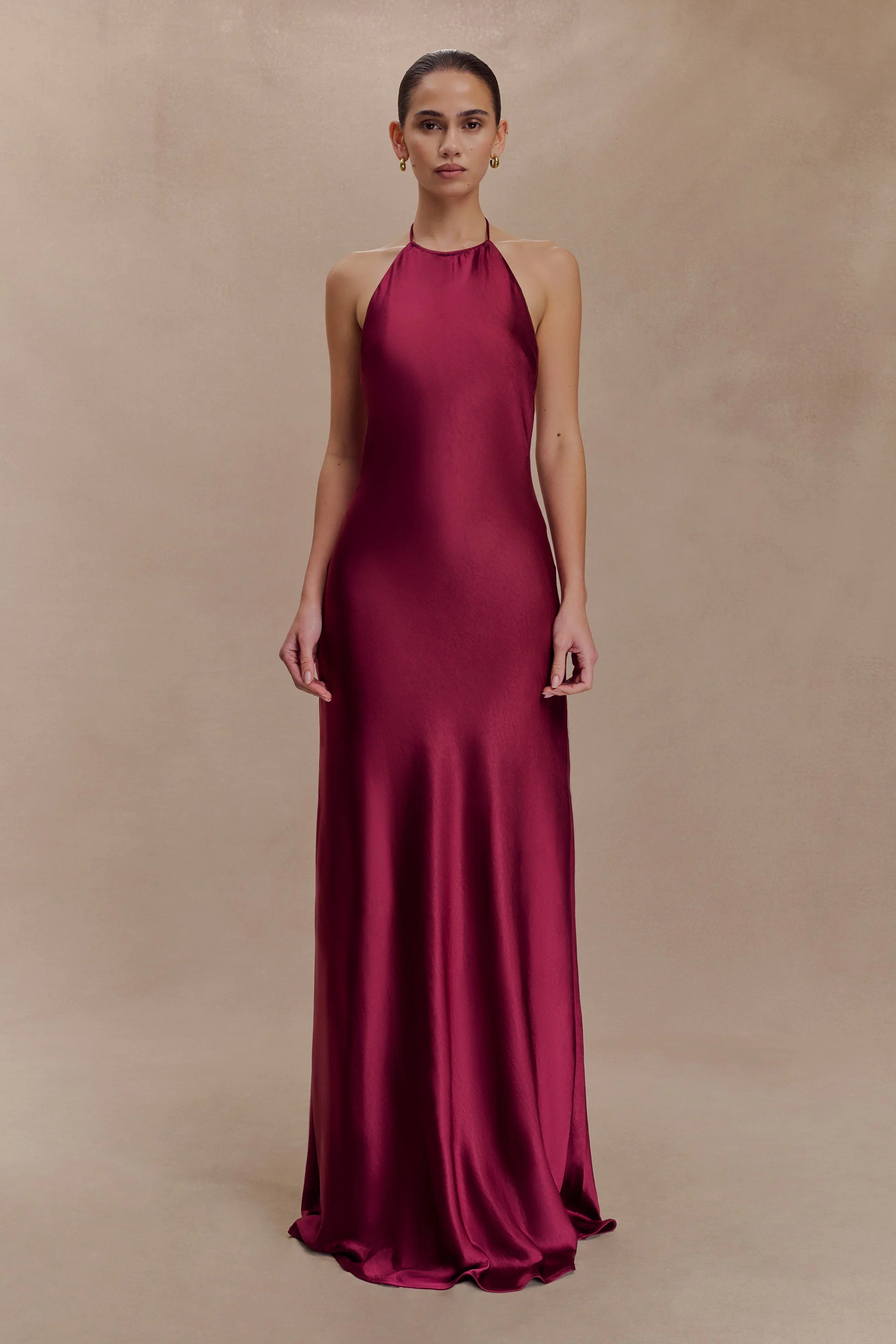 Bella Satin Halter Maxi Dress Mahogany