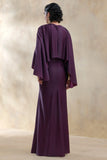Vanthea Dark Plum Satin Round Neck Maxi Dress With Cape Sleeves
