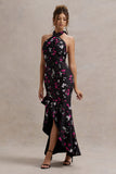 Melodia Black Ditsy Floral Print Satin Halter Neck Ruffled Maxi Dress