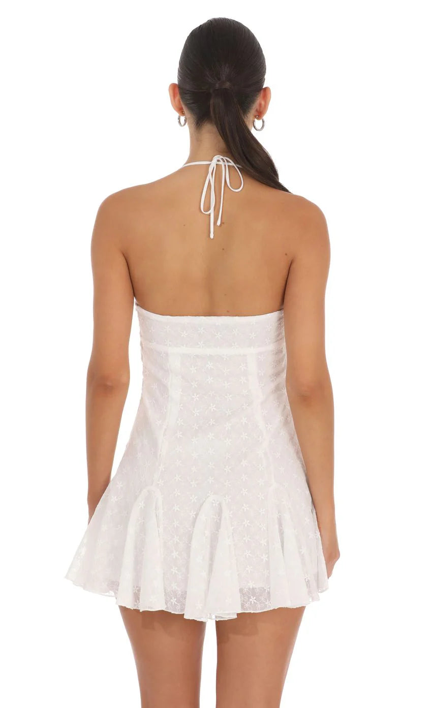 Embroidered Floral Flared Mini Dress in White