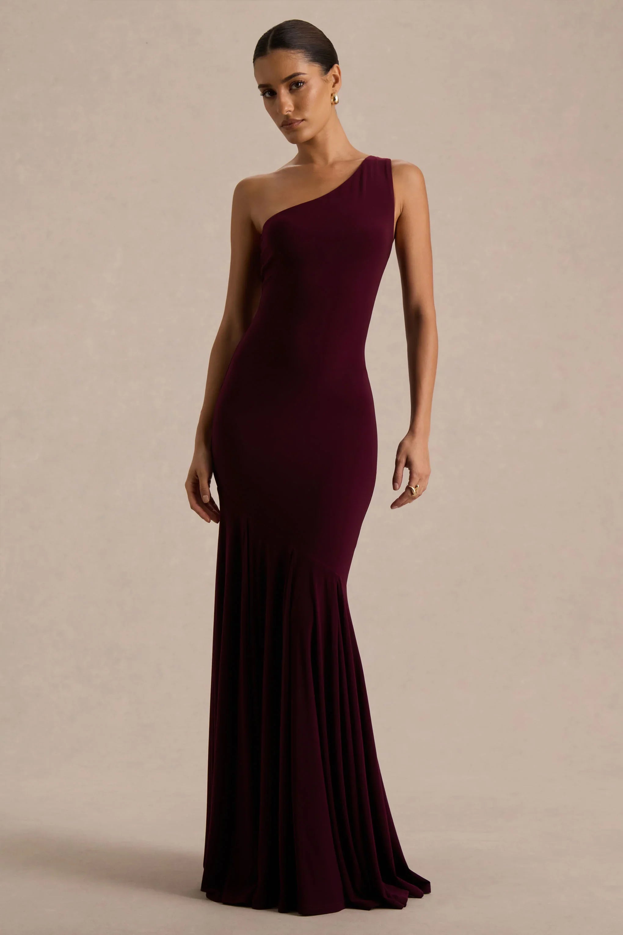 Zya Dark Plum Asymmetric Neck Fishtail Maxi Dress