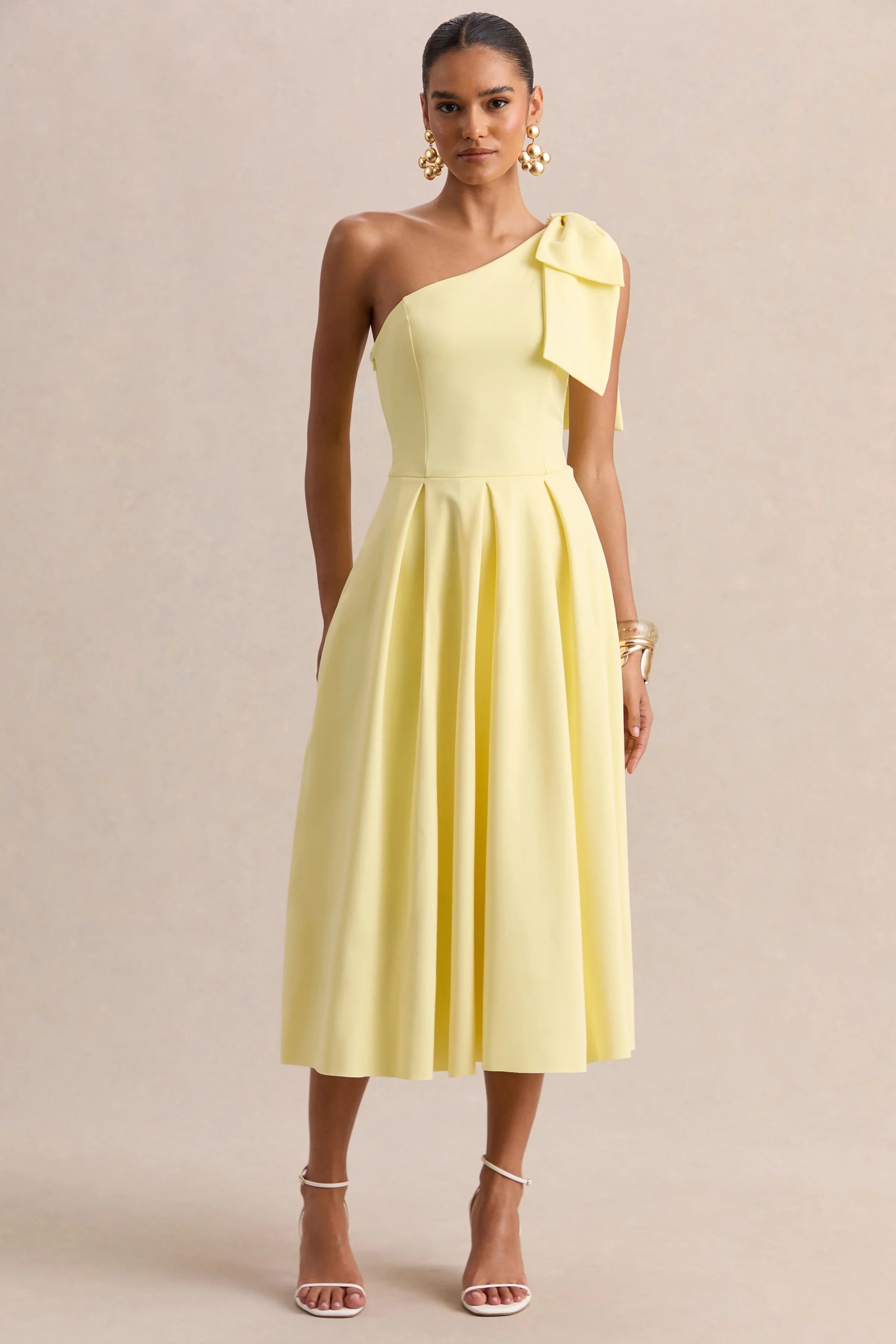 Meria Lemon Asymmetric Neck Midi Dress With Bow Sleeve