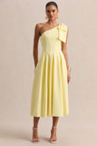 Meria Lemon Asymmetric Neck Midi Dress With Bow Sleeve