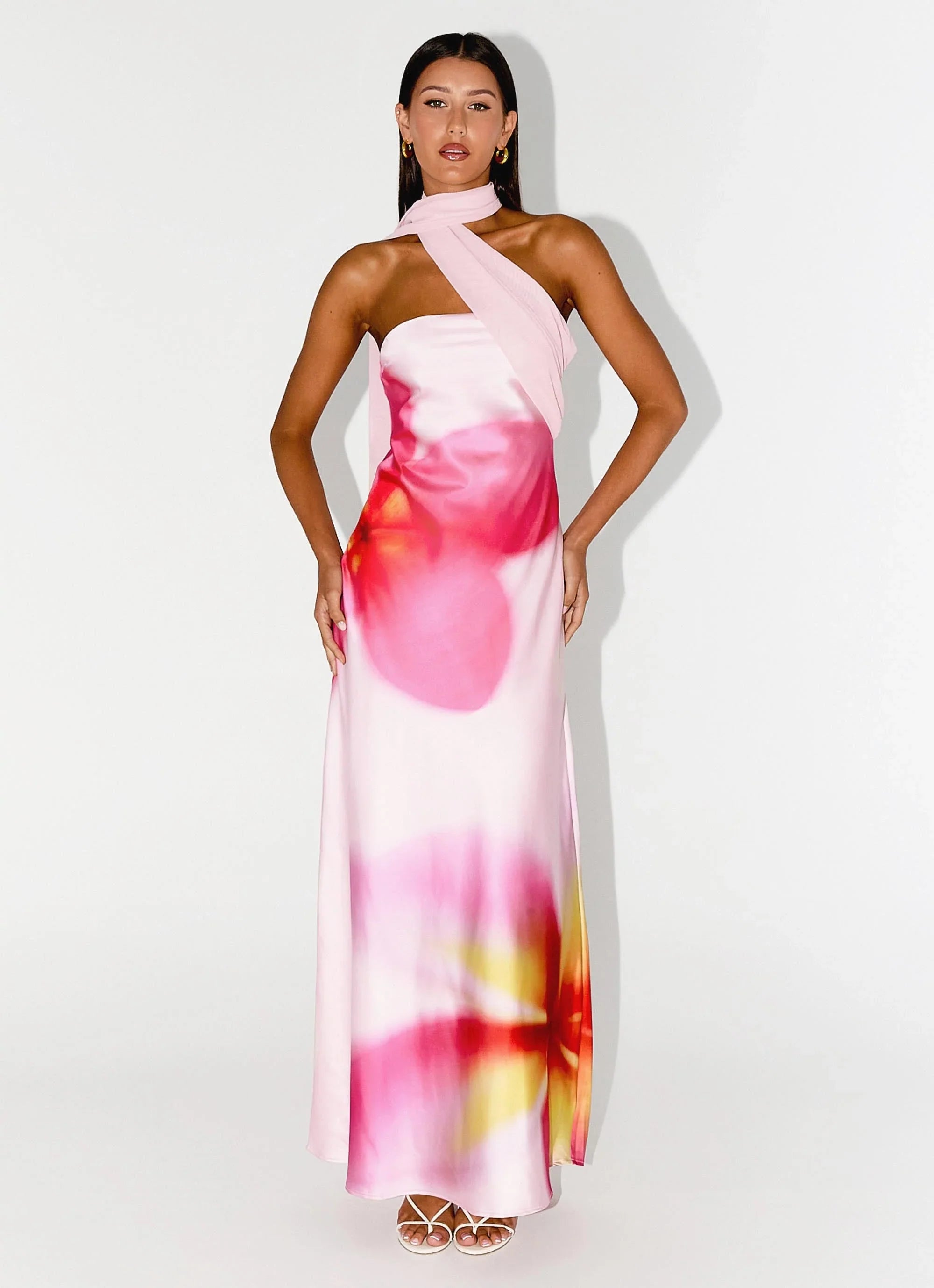 Isa Scarf Satin Maxi Dress Frangipani Pink