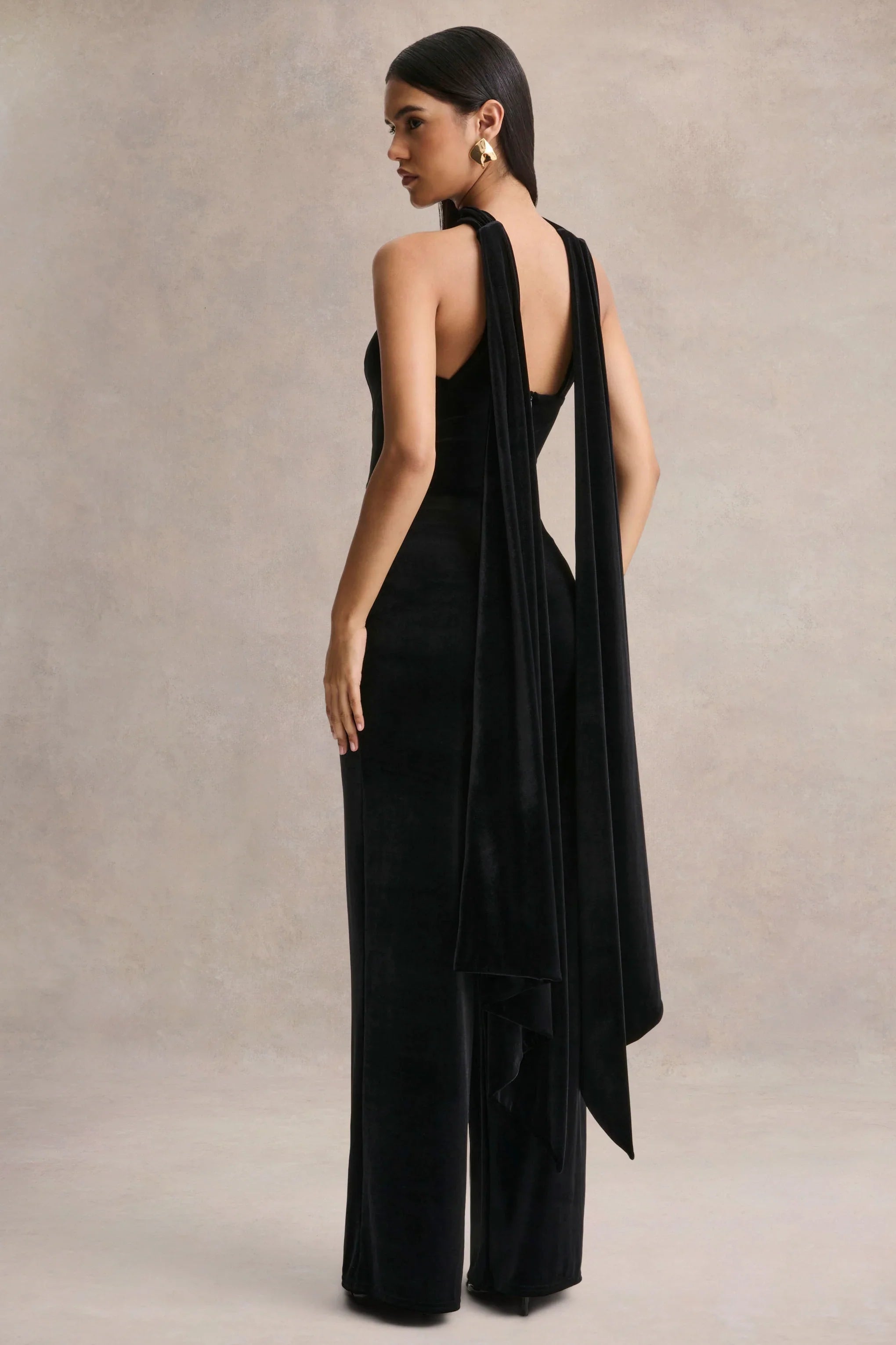 Arcane Black Velvet Bandeau Jumpsuit With Scarf